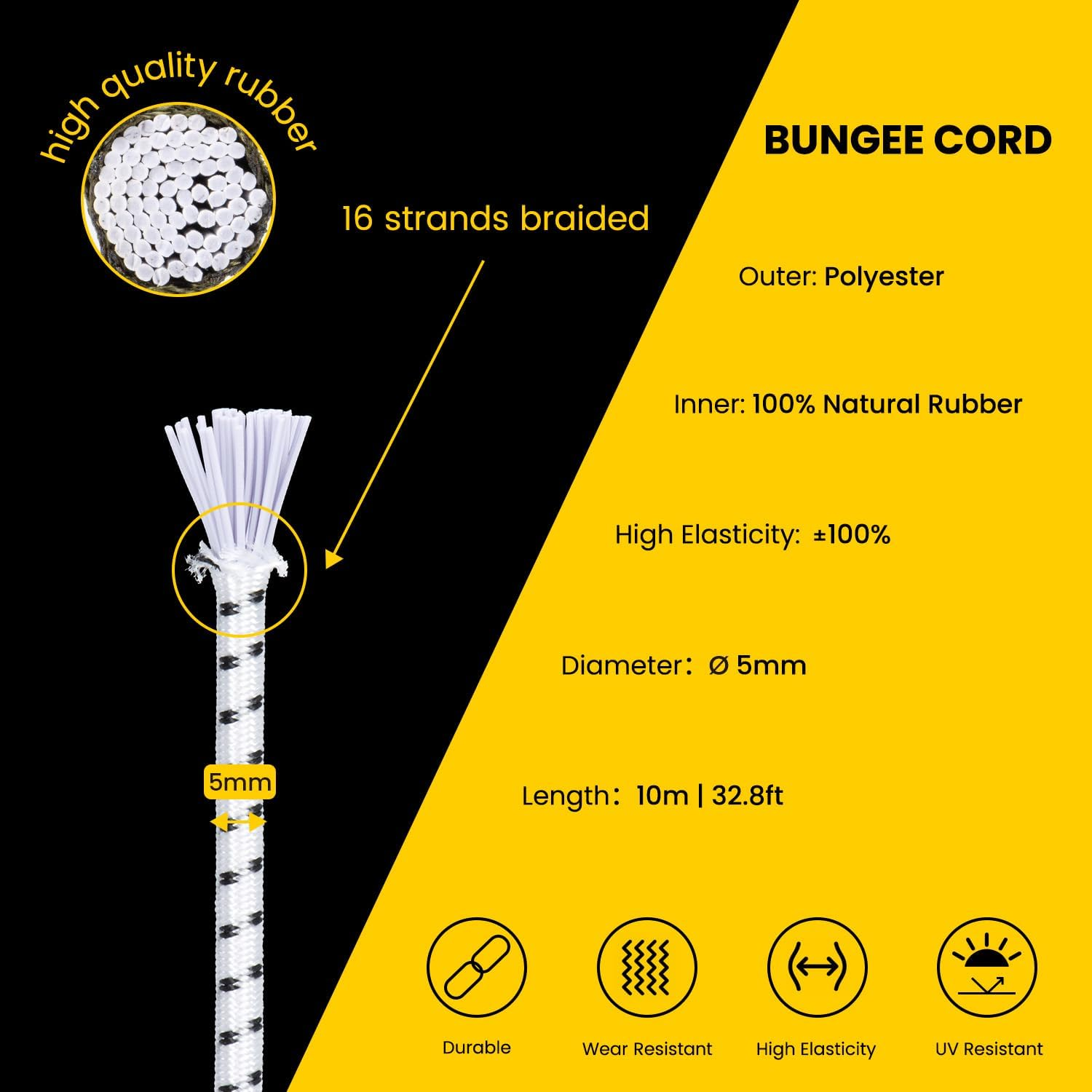 Brotree Bungee Cord Elastic Shock Cord 5Mm X 10M Bungee Rope Heavy Duty for Trailer, Tarpaulin, Tent Pole, Kayak and Backpack - White&Black image number 6