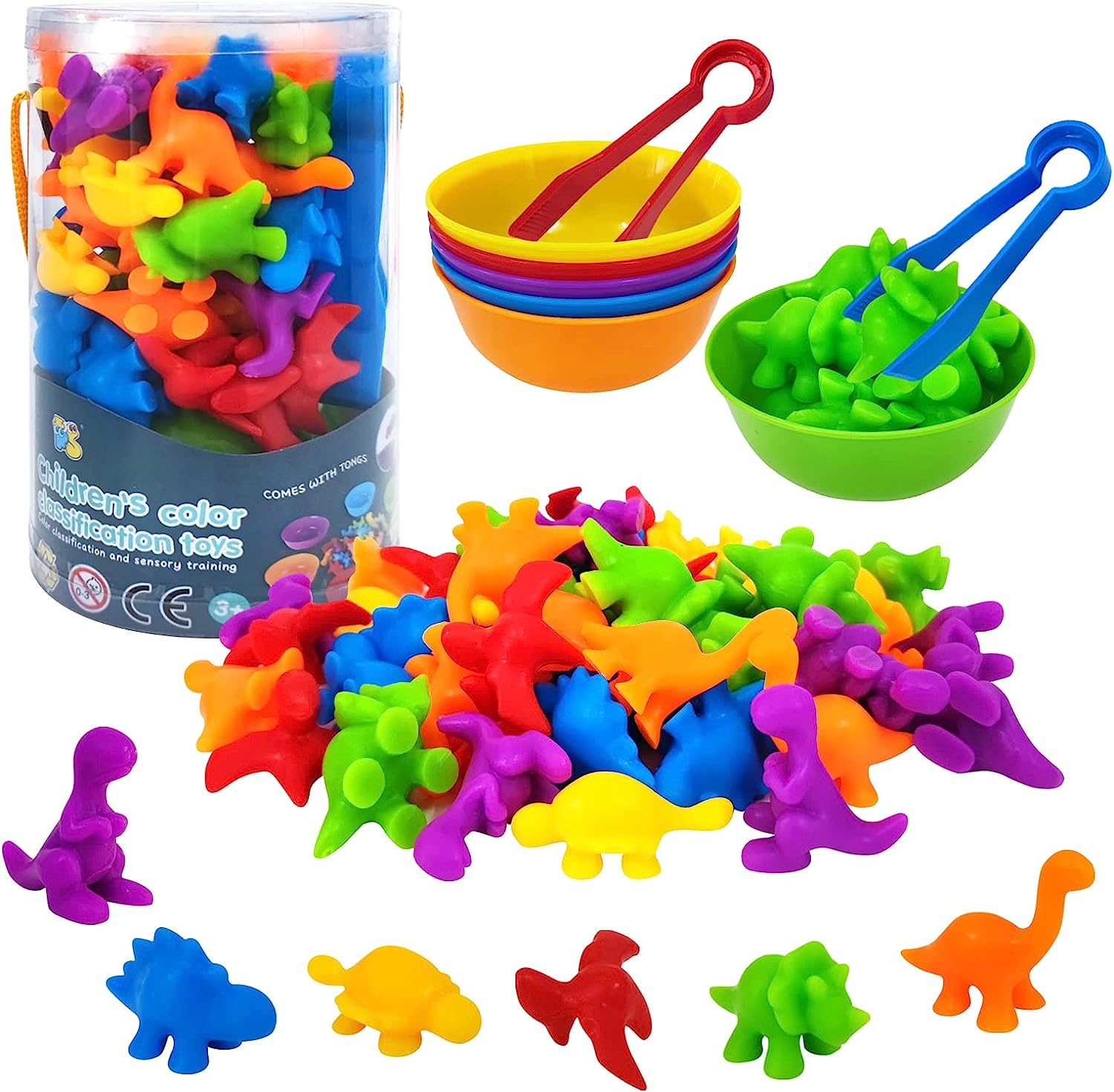 Rainbow Dinosaur Sorting Toy, YEESON 56 Pcs Counting Dinosaurs Toys Set, Dinosaur Counting Matching Game for Kids with Sorting Bowls and Tweezers Suitable for Toddlers and Preschoolers image number 6