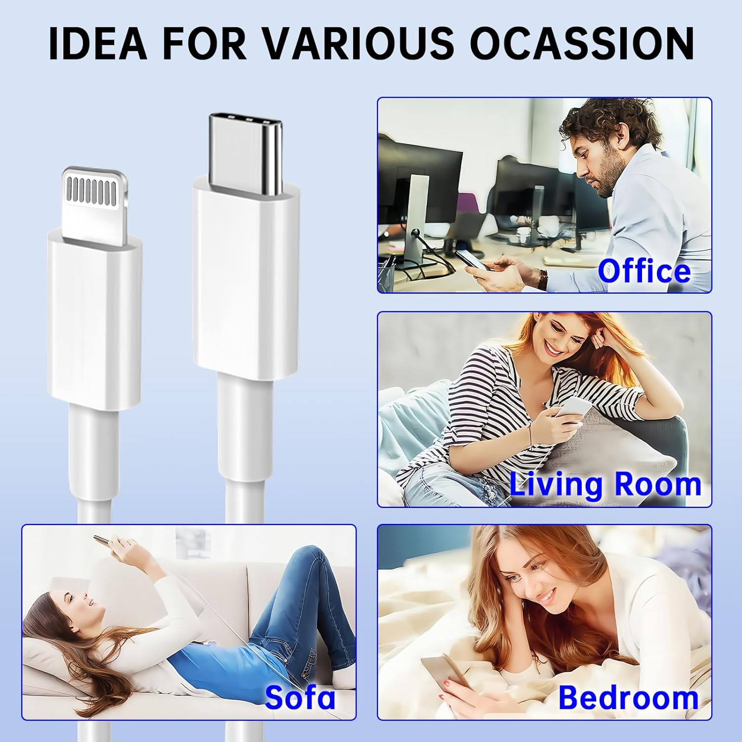 5Pack PD Fast Charging Cable, 【Mfi Certified, 1M*5】 Compatible with Iphone 14 13 12 11 Pro Max XS XR X 8 Plus, Pad, USB C to L Cable image number 6