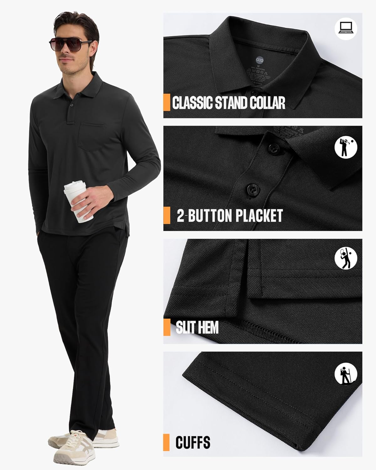 33,000Ft Men'S Long Sleeve Polo Shirt UPF50+ Breathable Golf Polo Moisture Wicking Quick Dry T Shirt Stretch Sports Athletic Tennis Performance Polo Lightweight Casual Work Top Black L image number 2