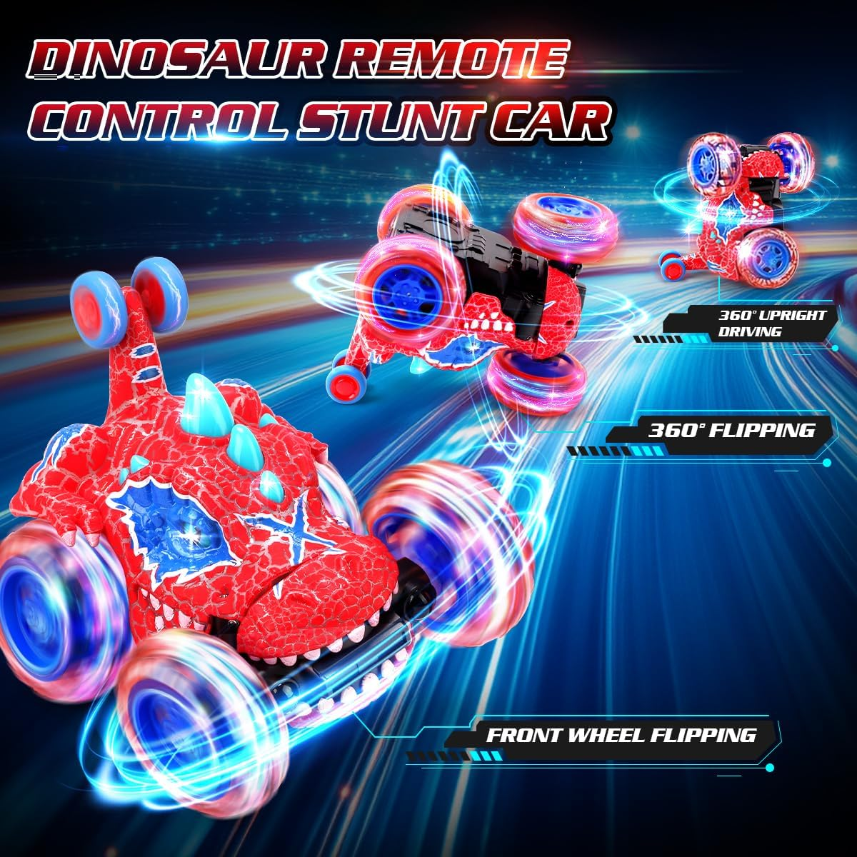 REMOKING Remote Control Car for Kids Age 3-8, 2.4Ghz Dinosaur Toys RC Car 360&deg;Stunt Rotation, 4WD Wheel with Cool Lights,Rechargeable Vehicle Outdoor Game for 3 4 5 6 Year Old Boy Gift image number 4