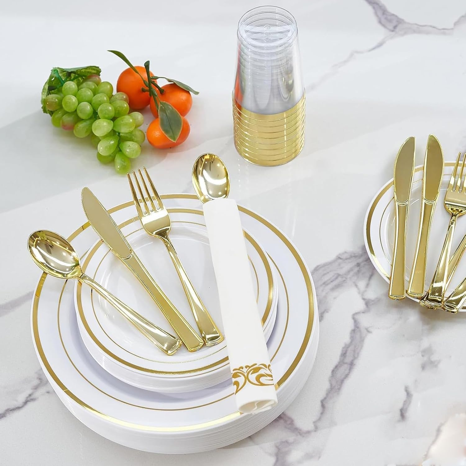 175 Pieces Gold Dinnerware Set for 25 Guests, Party Plate Sets White Plates with Gold Lace Rim Design, Including 25 Reusable Dinner Plates, Dessert Plates, Silverware Set, Cups and Napkins image number 6