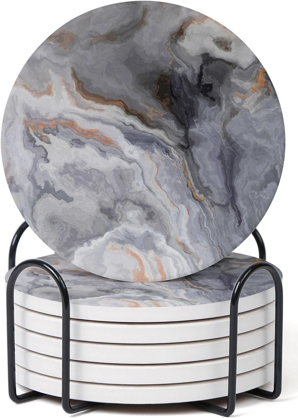 Set of 6 Abstract Marble Coasters with Holder, Absorbent Ceramic Coasters for Drinks, Coasters with Cork Backing for Table Protection, Housewarming Gifts for New Home