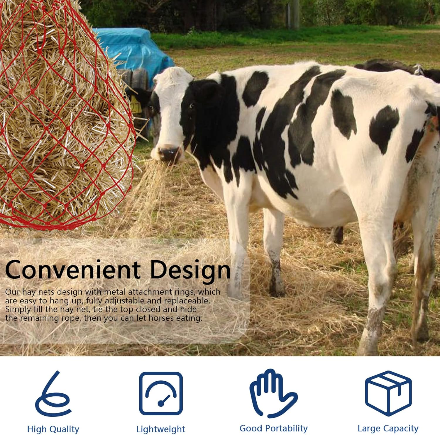 Glarks 2Pcs 36" Ultra Slow Feed Hay Net, 2 Color Large Heavy Duty Poly Horse Hay Net Equine Feeding Bag for Trailer and Stall, Simulates Grazing, Reduce Waste (Black, Red) image number 4
