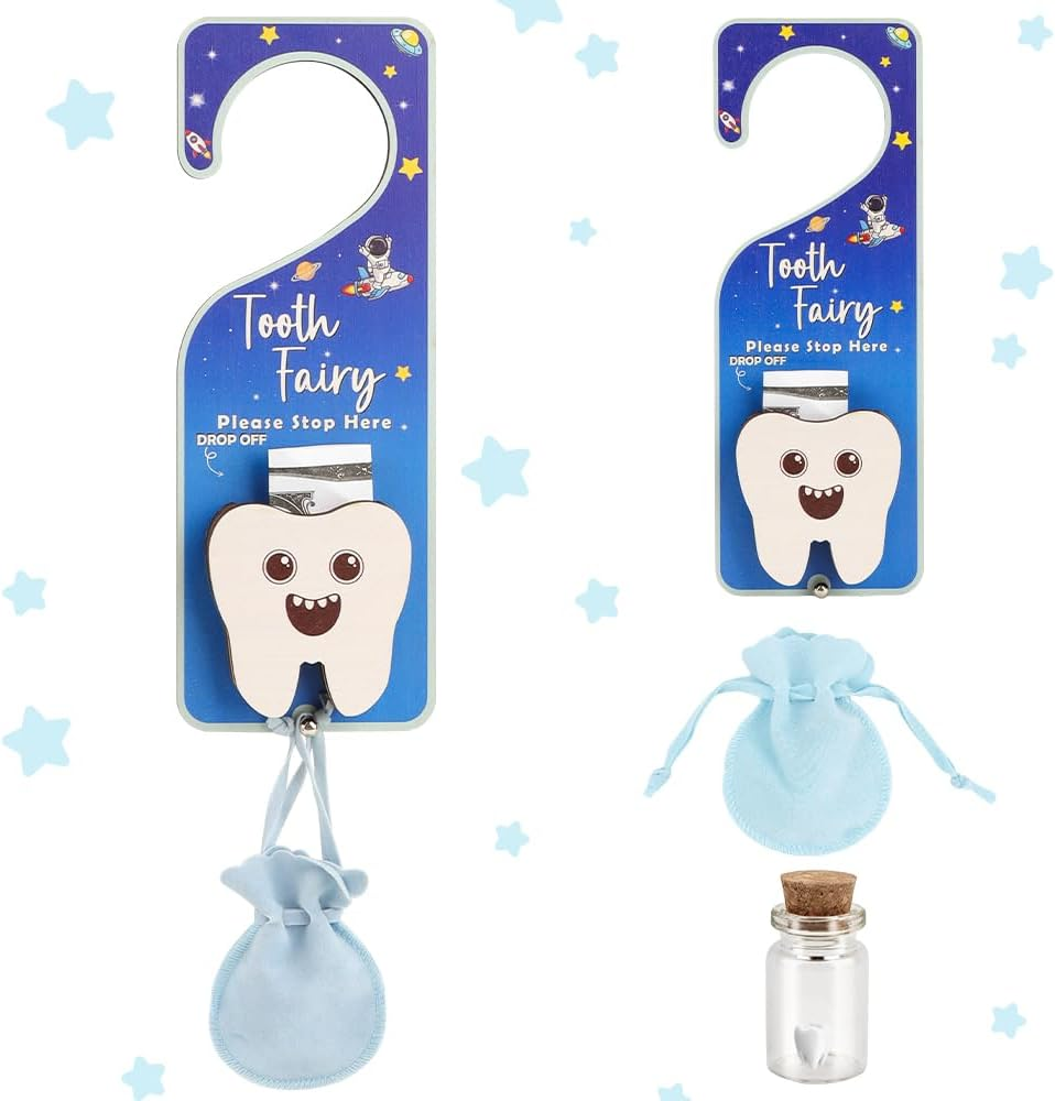 WALLFID 3Piece Set,Tooth Fairy Tooth Holder,Tooth Fairy Door Hanger,Keepsake Bottle & Velvet Bag for Lost Teeth,Encouraging Gift for Boys and Girls. (Astronaut)