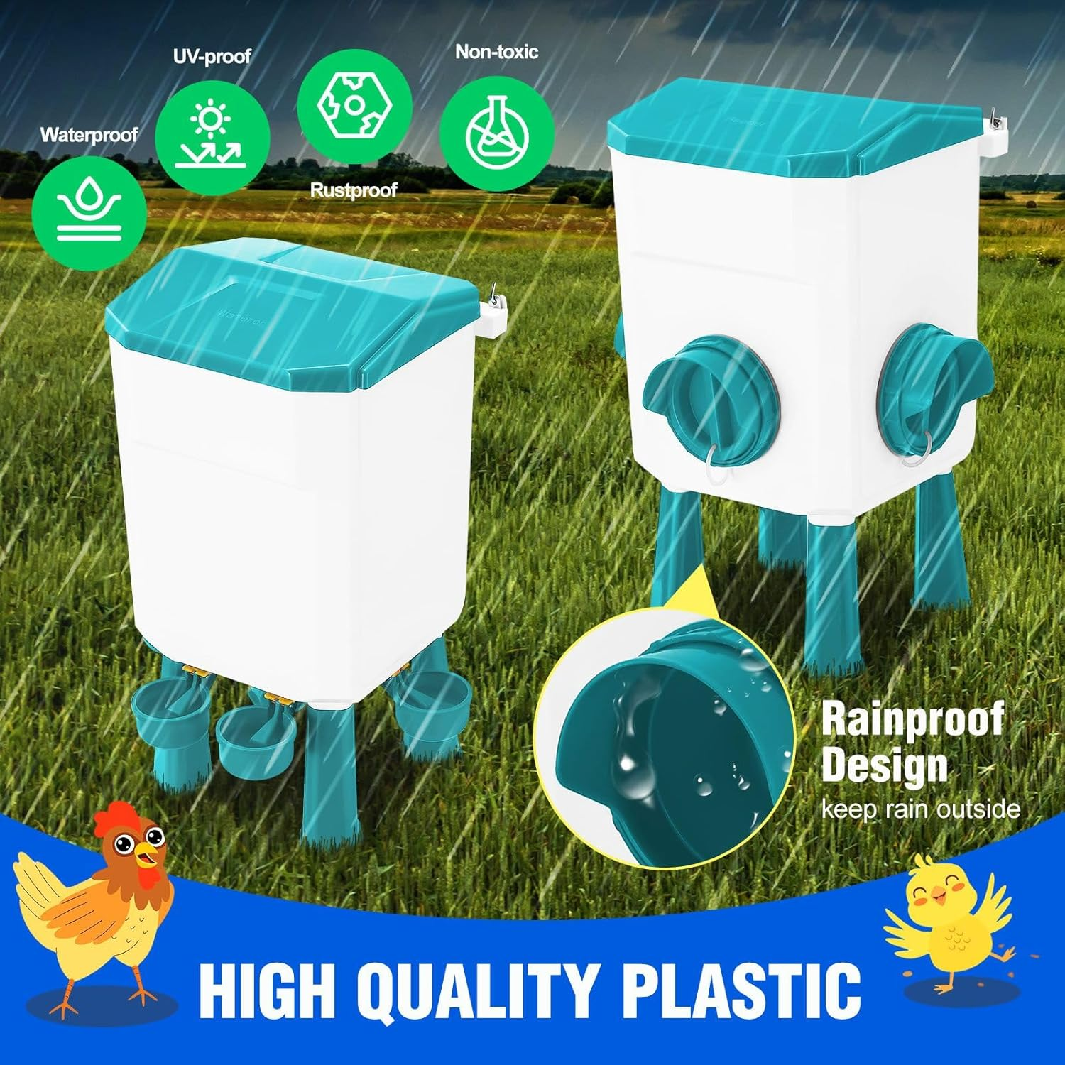 Pet Scene Chicken Feeder Waterer Set, Automatic Bird Feeder Food Water Dispenser, 12KG + 11L Capacity Auto Chook Poultry Gravity Fed Feeding Drinking in Coop Fence Rat Proof - Type 0708 Rd image number 6