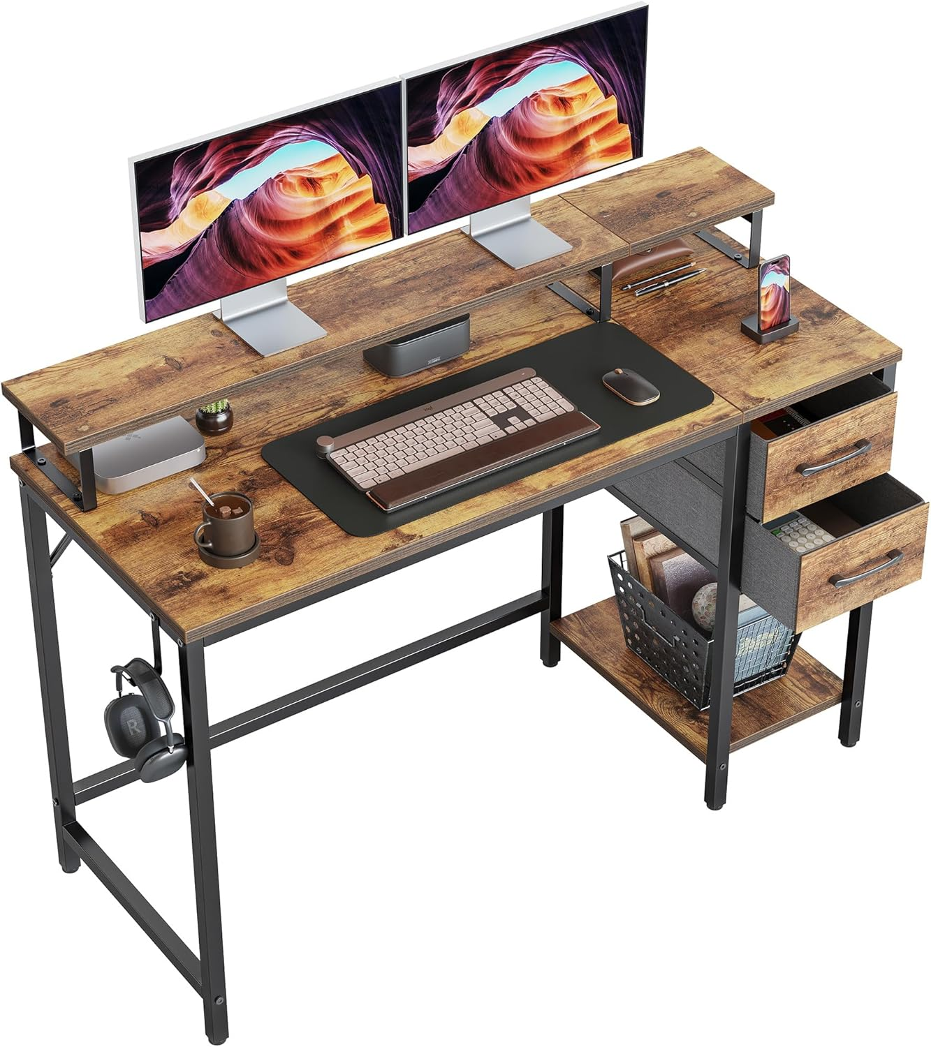 Cubicubi 40 Inch Computer Reversible Desk with 4 Storage Drawers, Small Home Office Kids Student Studying Table for Bedroom, Rustic Brown