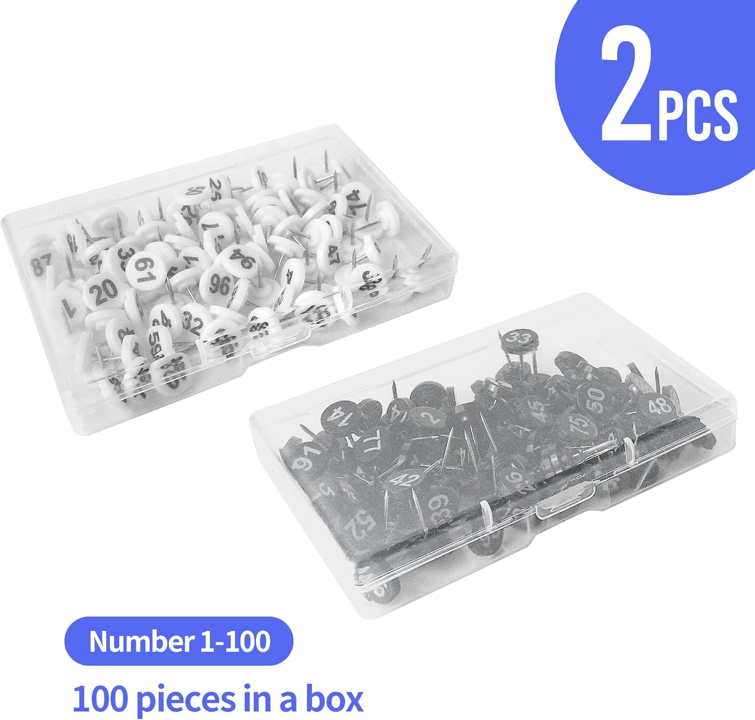 Soug 200Pcs Numbered Push Pin Tacks, 1-100 Sequential Number Tacks Push Pins, 11Mm Diameter 16Mm Length Thumbtacks for Maps, Presentations, Photo, Poster (Black and White) image number 2