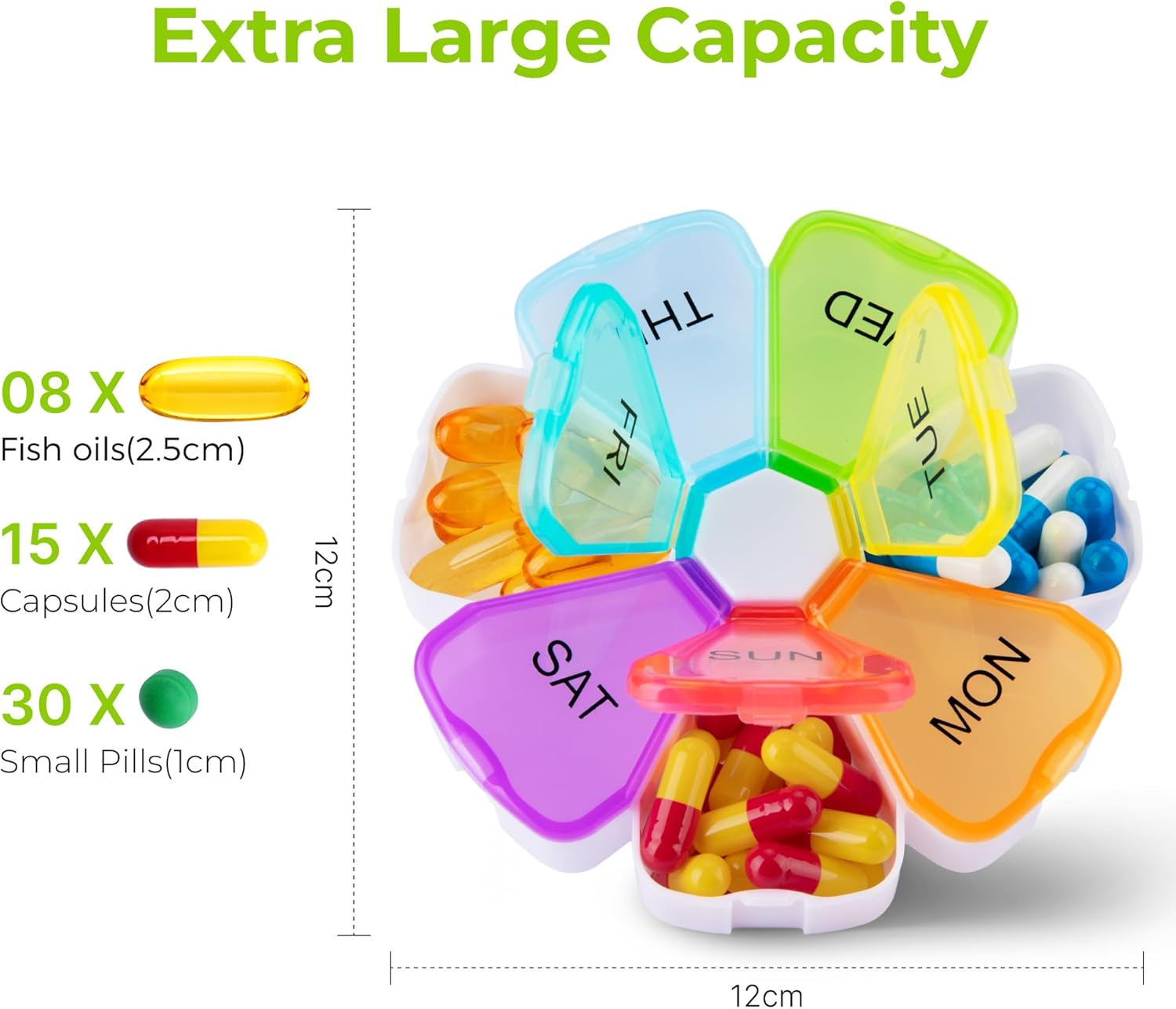 Opret Weekly Pill Organiser, Cute Pill Box 7 Day 1 Times a Day, Portable Travel Tablet Organiser with 7 Large Compartments for Vitamins Supplements Medication (Rainbow) image number 2