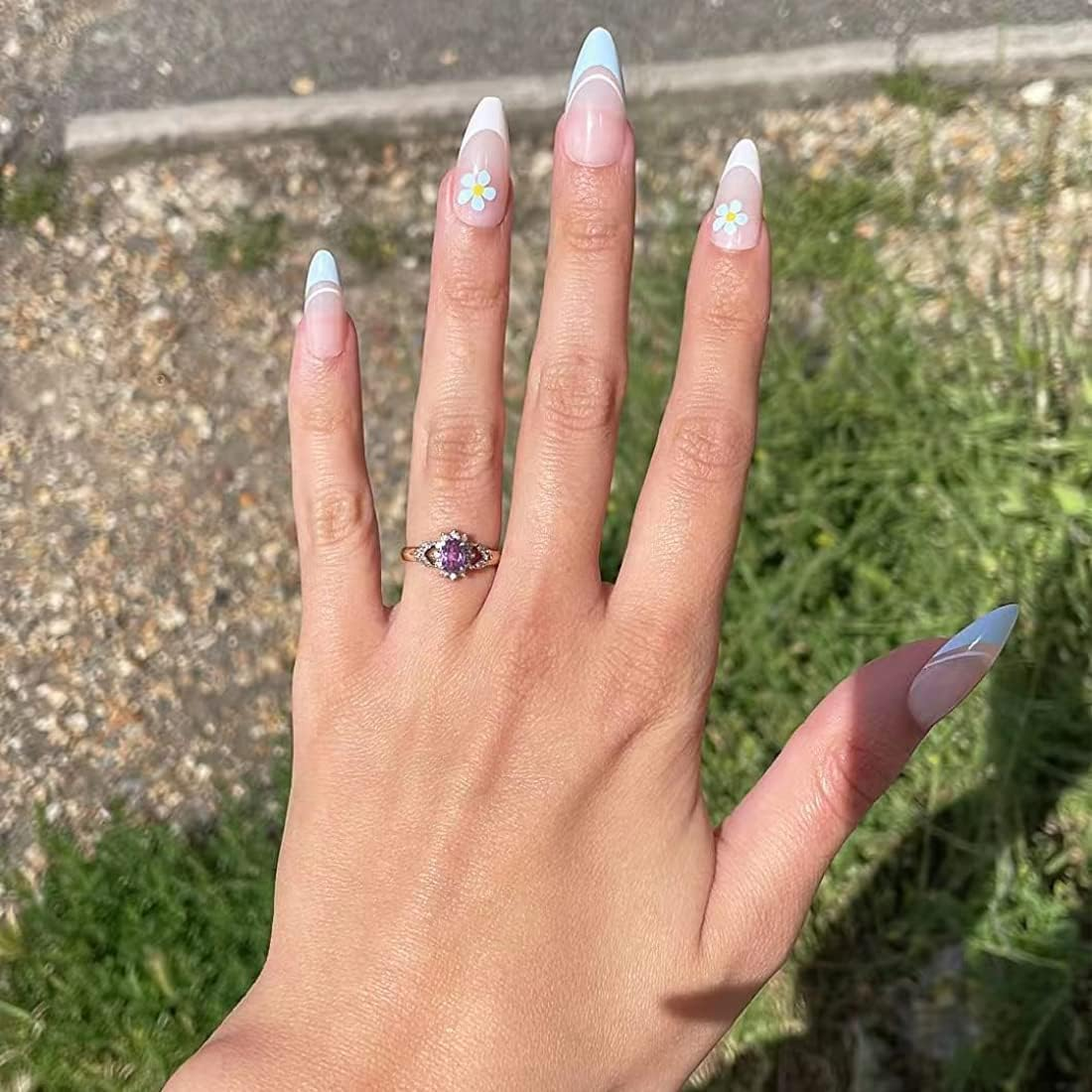 24 PCS Medium Length Fake Nails French False Nails Almond False Nails Flower Designs Fake Nails Pink and White False Nails Line Fake Nails Give to Women & Girls Holiday Gifts