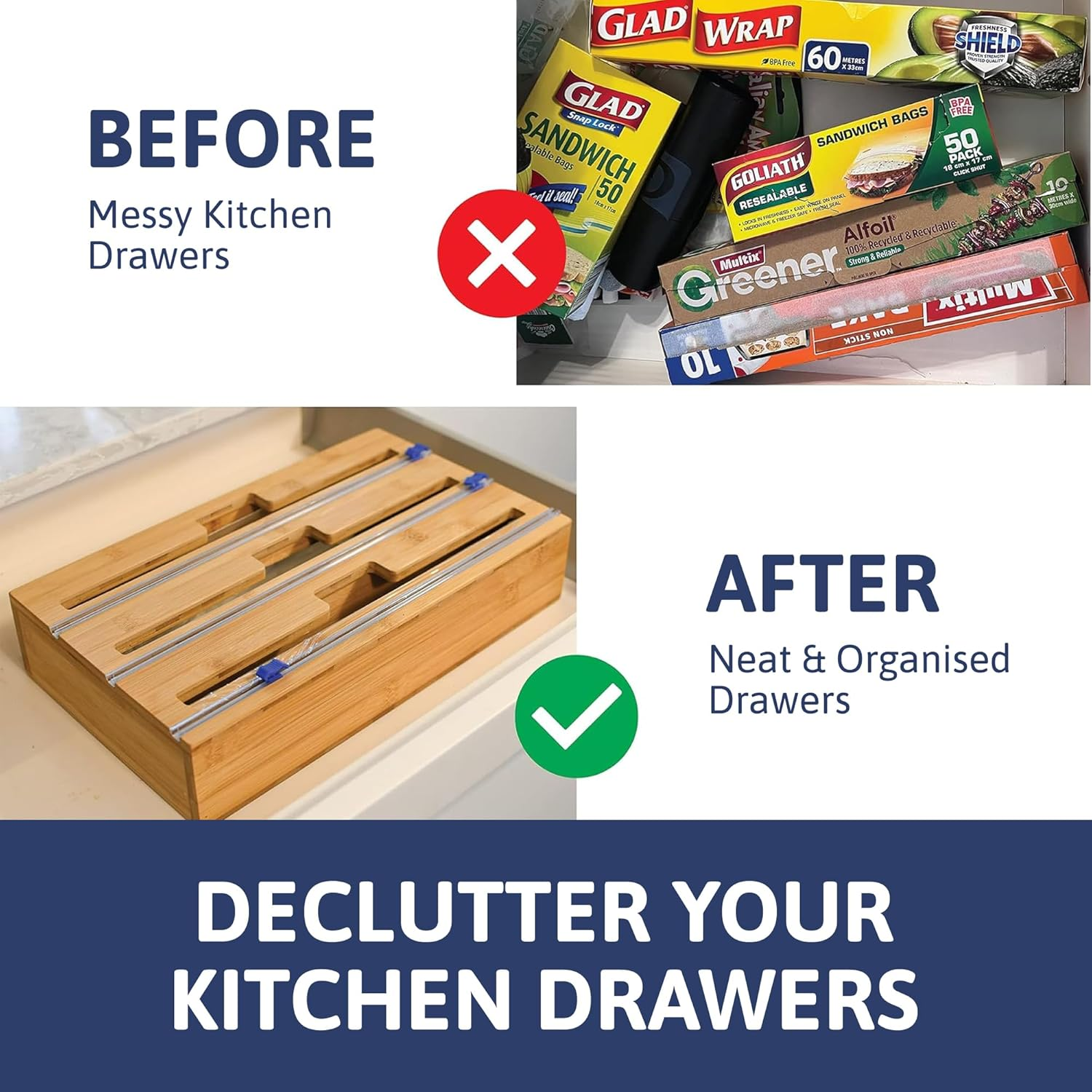 Foil and Cling Wrap Organiser - 3-In-1 Bamboo Wrap Dispenser with Built in Cutter - 33Cm, Fits Australian Cling Wrap, Aluminium Foil, and Baking Paper Rolls, Wall-Mountable or Fits in Draw. image number 6