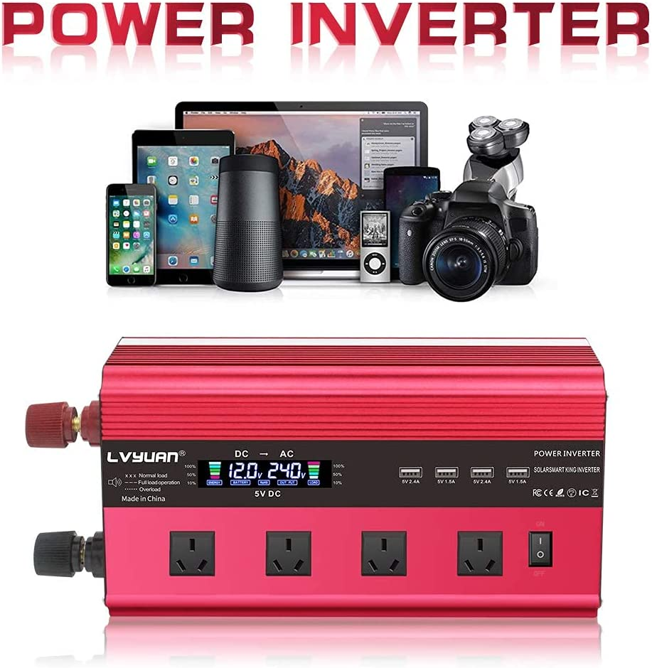 Yinleader 2500W DC 12V to 240V AC Power Inverter 4 AC Outlets W/Remote Control LCD Display 4 USB Ports Charge for Car/Boat/Truck image number 4