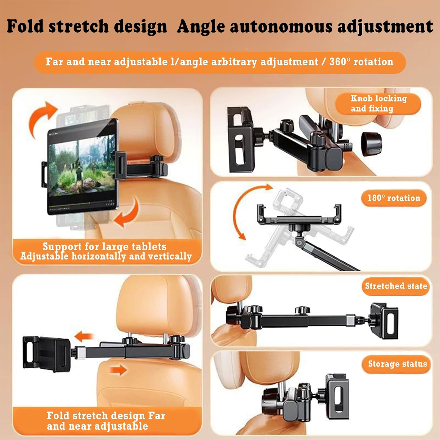 Car Headrest Tablet Holder, 3 In1 Stretchable Ipad Iphone Mount for Car Backseat, Universal 360&deg; Rotating Car Back Seat Stand Cradle Compatible (2-Fold) image number 5