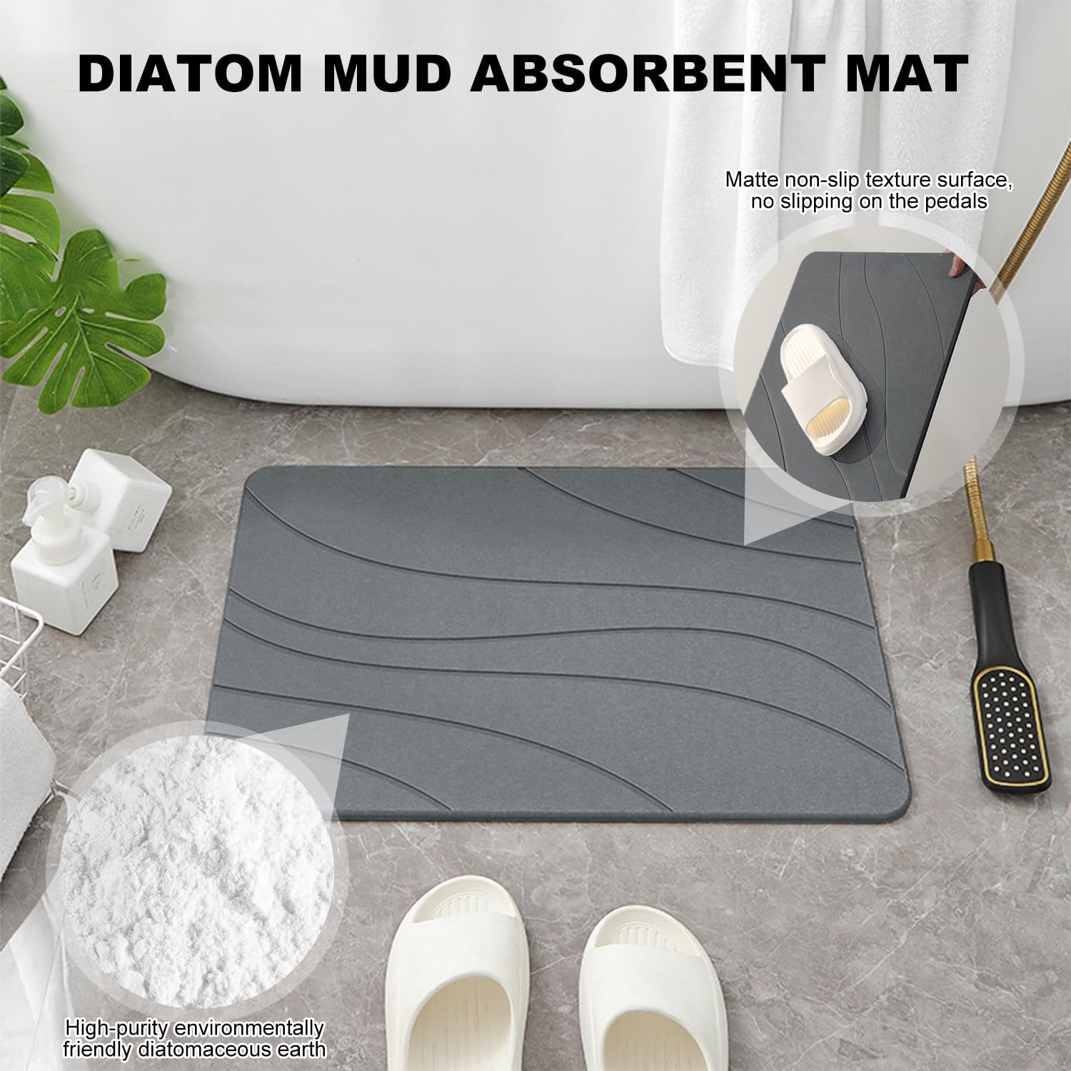 GIOD Stone Bath Mat, Diatomaceous Bath Mat, 60&times;39&times;1Cm Quick-Drying Water-Absorbing Non-Slip Diatomaceous Earth Hard Bath Mat, Modern and Stylish Bathroom Mat, Door Mat Bath Drying Mat (Dark Gray-A) image number 4