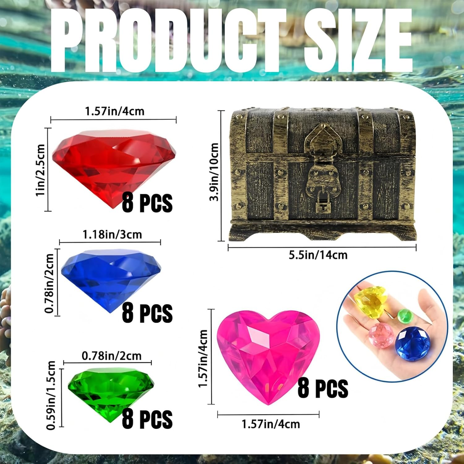 Diving Gems Pool Toys, Big Colorful Diamond with Pirate Treasure Chest - Summer Underwater Gem Swimming Training Diving Toys, Swimming Training Gift Toy (32) image number 1