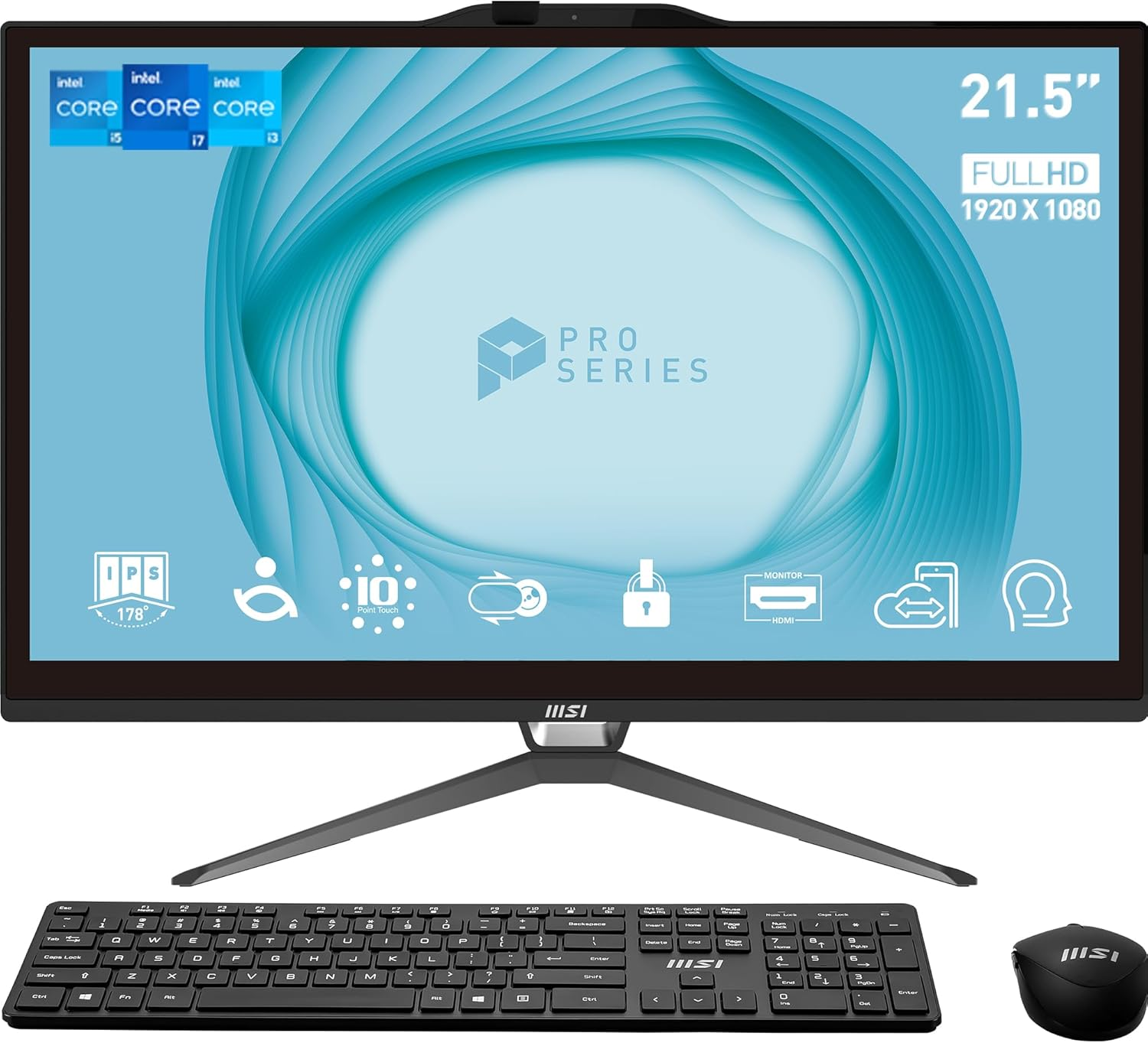 MSI PRO AP222T 13M-027AU 21.5" All in One Desktop, FHD, IPS, 10-Point Touch Screen, Intel Pentium G7400, 4GB RAM, 128GB M.2 SSD, WIFI5, Win11Pro, Webcam, Wired KBM, Black, 1 Year OS Warranty image number 1