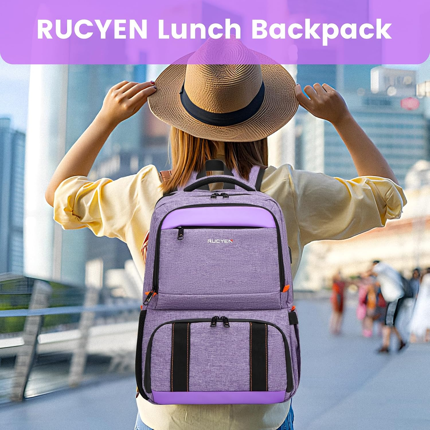 Lunch Backpack, Insulated Cooler Laptop Backpack, Purple, 15.6 Inches image number 3