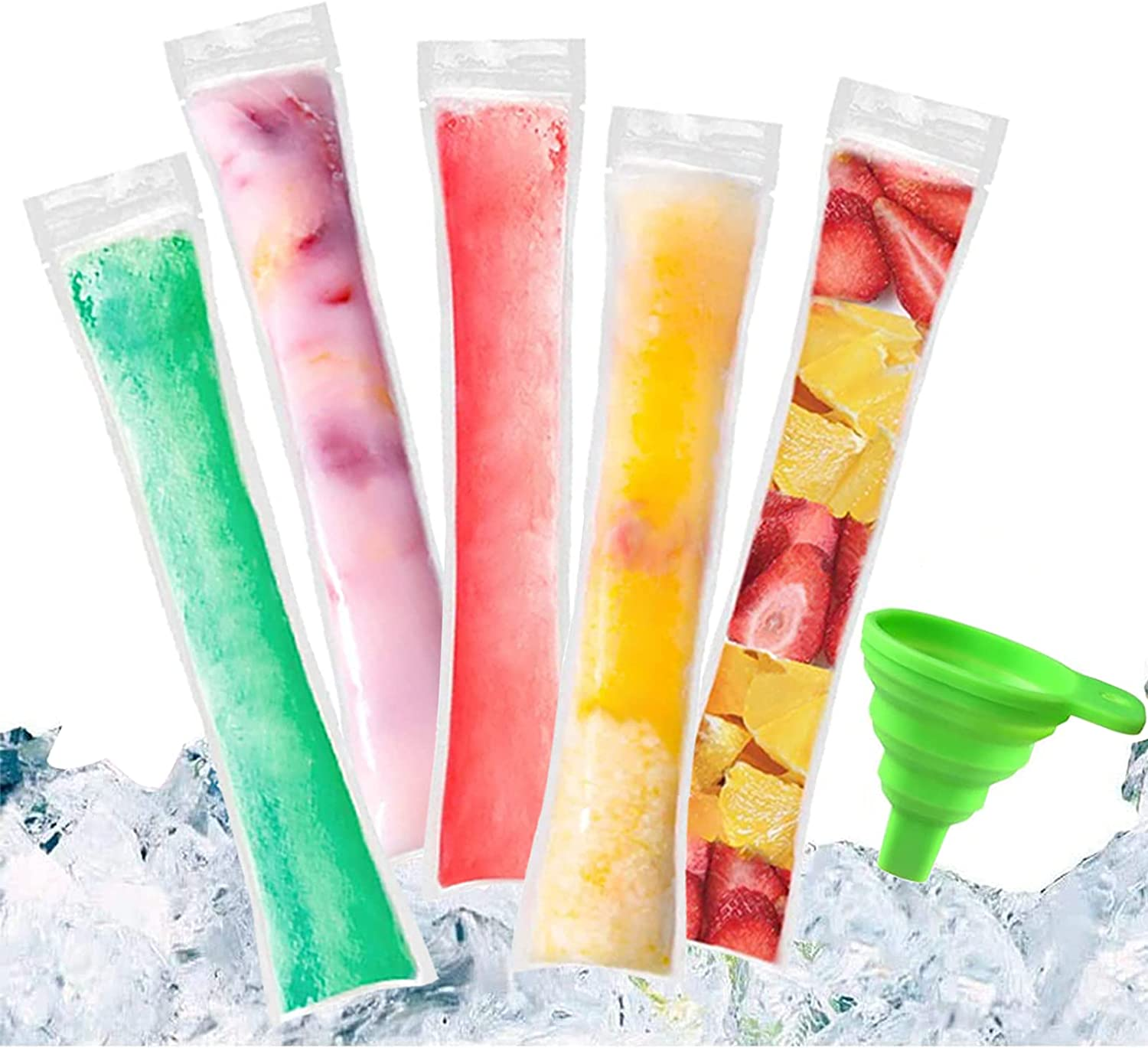 100 PCS Pop Mold Bags Popsicle Pouches BPA Free Ice Pop Pouch with a Funnel for Yogurt, Ice Candy, Ice Cream Party Favors image number 3