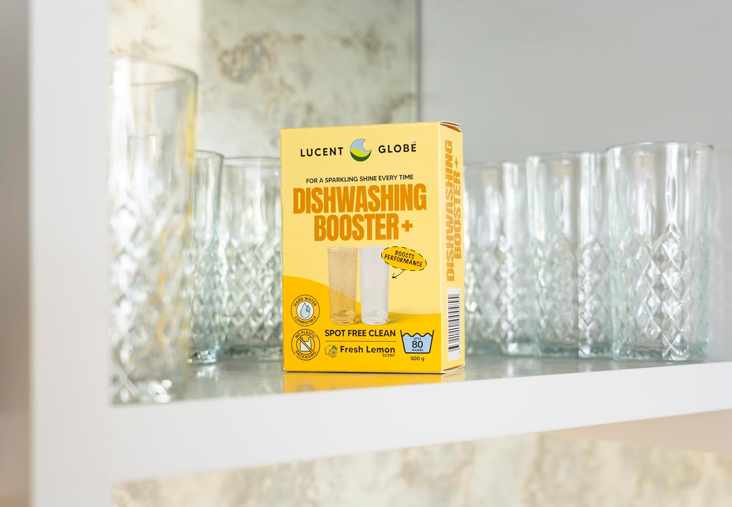 Lucent Globe Dishwashing Booster+ Powder &ndash; Fresh Lemon Scent &ndash; Spot-Free Finish, Hard Water Compatible, 100% Plastic-Free Packaging, 80 Washes (500G) image number 2