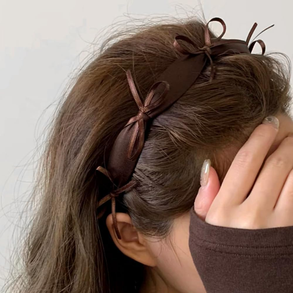 Cute Bow Headband Women'S French Bows Headband Black Brown Ribbon Bow Headband Hair Band Women'S Plastic Satin Bow Knot Hair Band Kawaii Bows Hair Accessories Women image number 3
