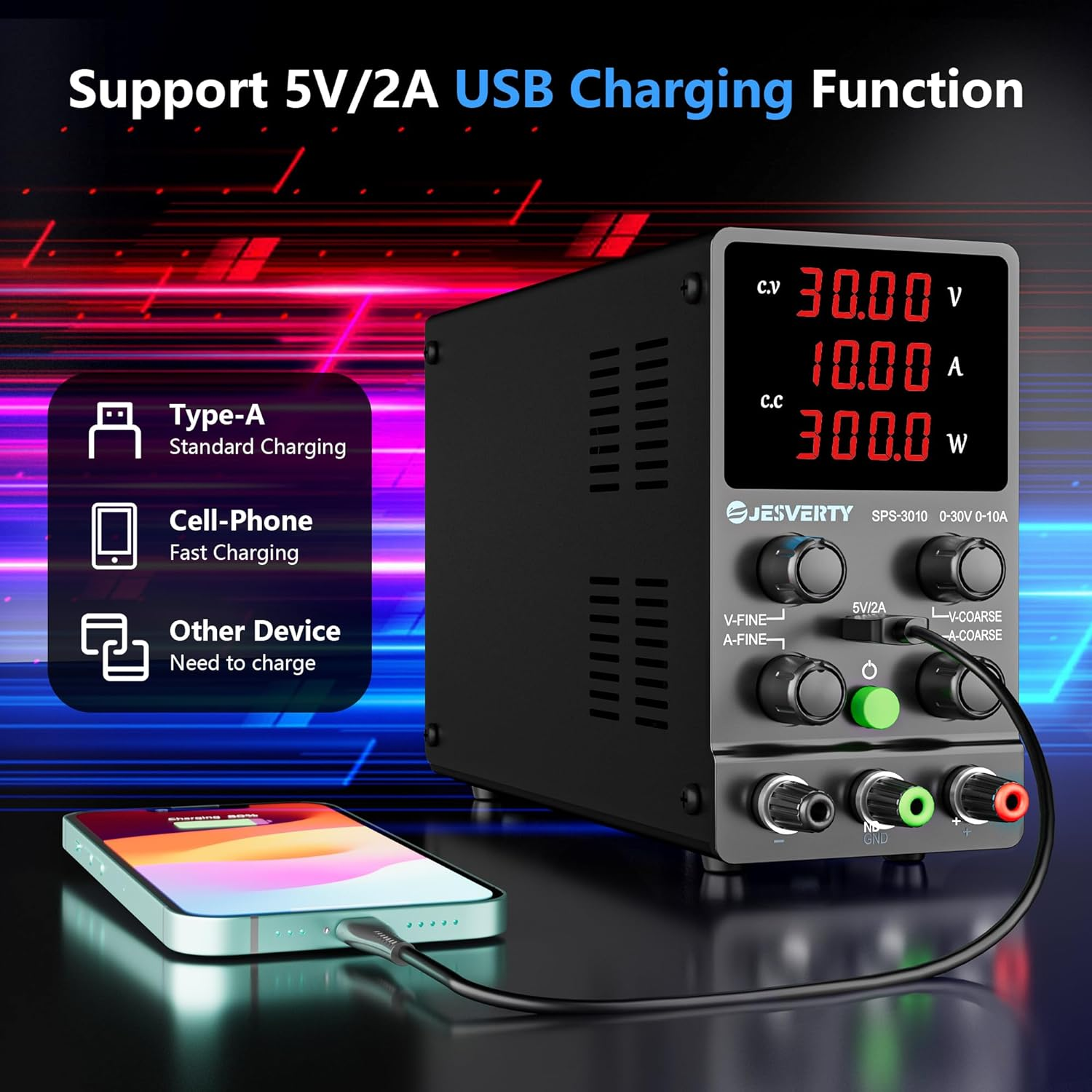 DC Power Supply Variable, 30V 10A Adjustable Switching Regulated DC Bench Power Supply with High Precision 4-Digits LED Display, 5V/2A USB Port, Coarse and Fine Adjustments AC240V Jesverty SPS-3010 image number 6