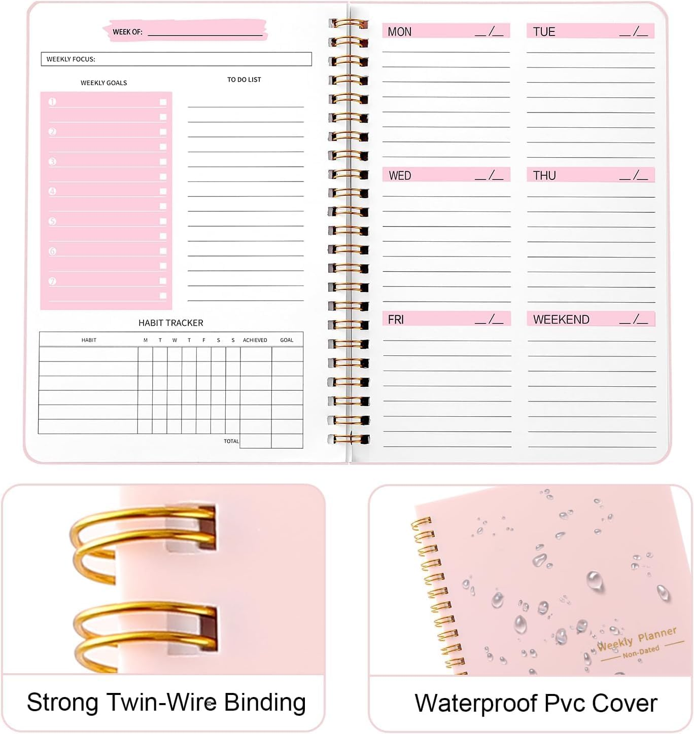 OSYLICT Weekly Planner Notebook,Undated A5 Daily Planner to Do List Diary,52 Weekly Habit Tracker Journal with Spiral Binding for College Work School Home Supplies (Pink) - Blue image number 4