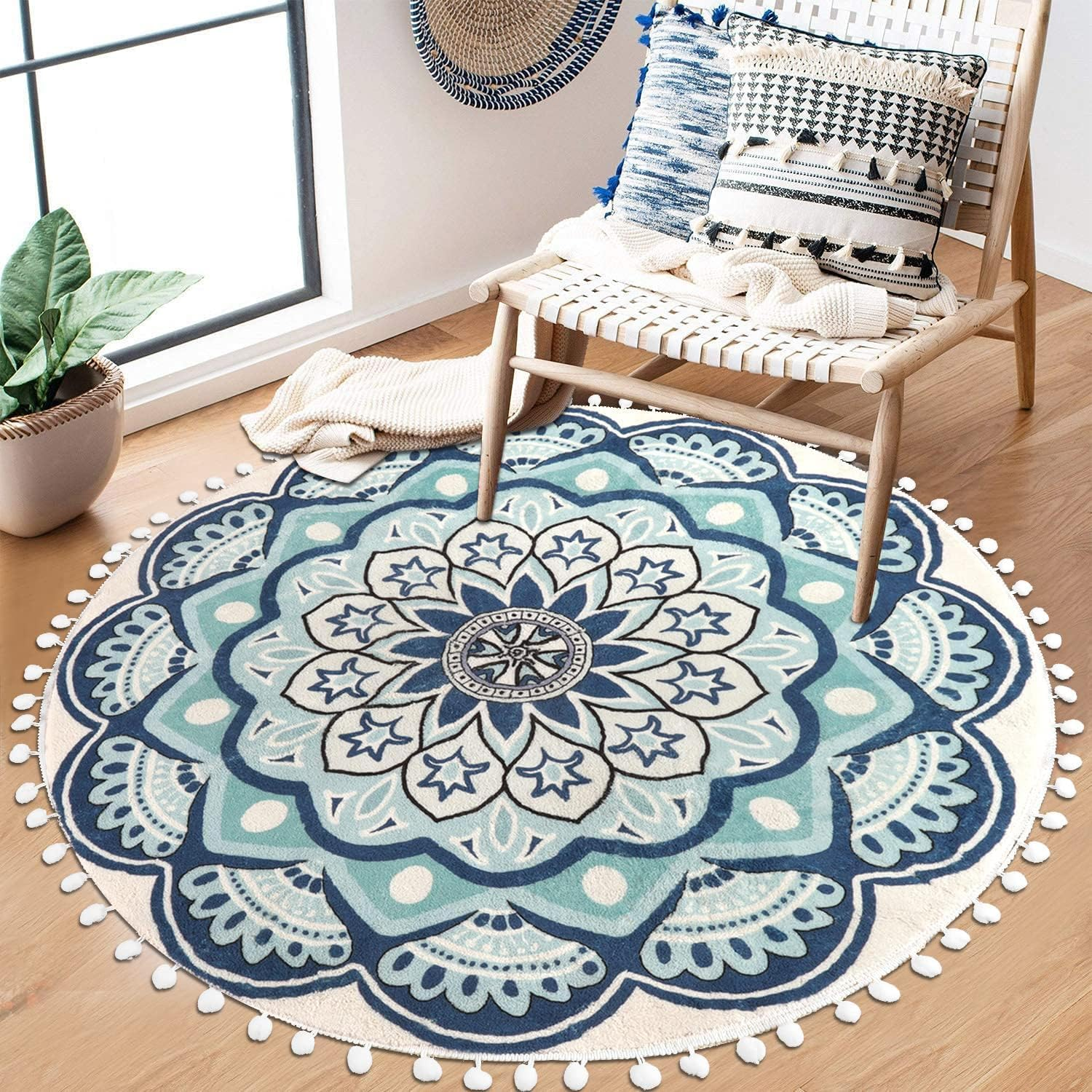 Uphome round Rug 5.3Ft Blue Circle Boho Rug with Pom Pom Fringe Machine Washable Non-Slip Sofa Floor Mat Soft Cute Blooming Mandala Carpet for Living Room Bedroom Kid'S Room Nursery