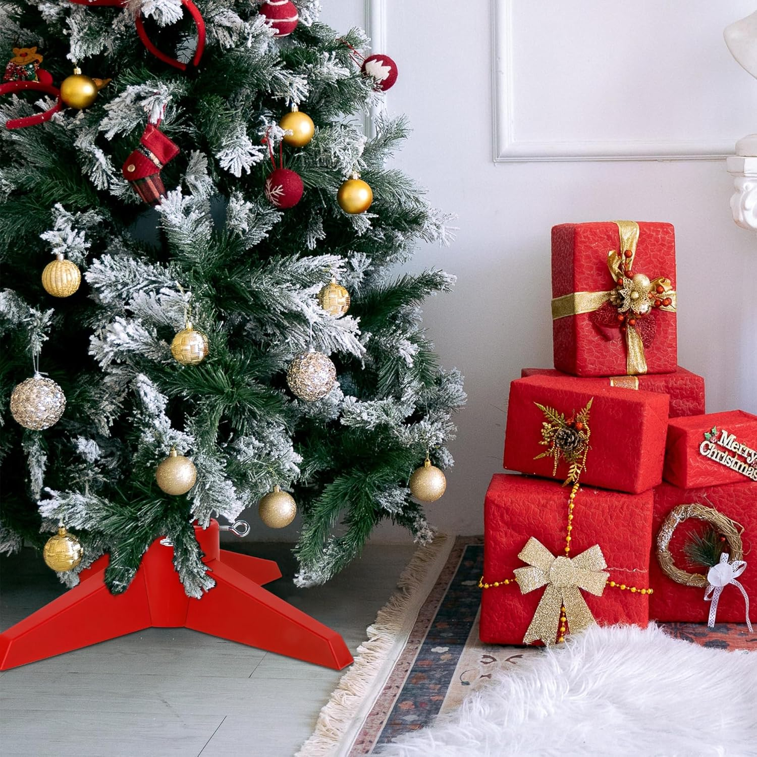 Blissun Christmas Tree Stand, Xmas Tree Base Stand, Christmas Tree Holder for Real Trees, Fits up to 8FT Real and Artificial Trees, Red - Green image number 5