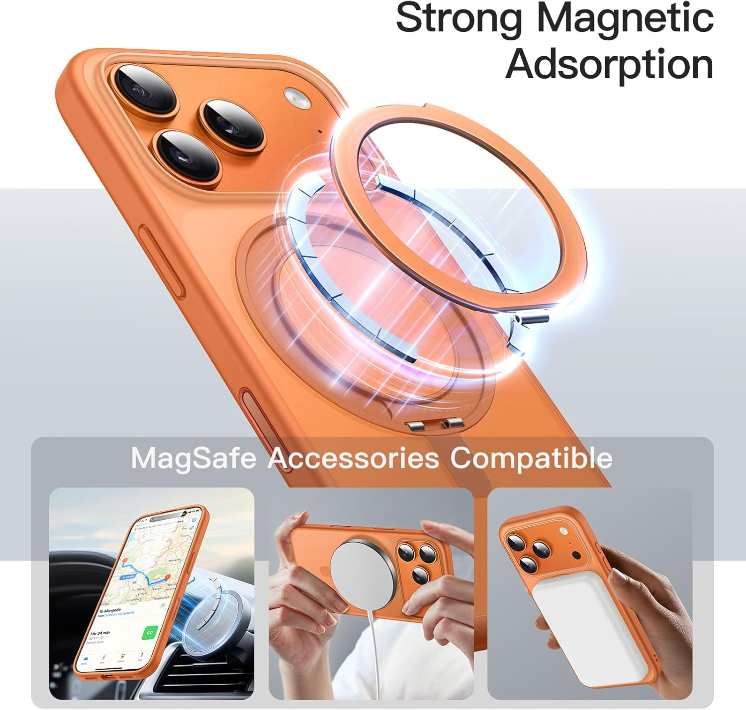 Jetech 360 Degree Rotatable Ring Case for Iphone 17 Pro 6.3-Inch with Camera Control Button, Compatible with Magsafe, Slim Shockproof Phone Cover with Stand & Ring Holder (Orange)