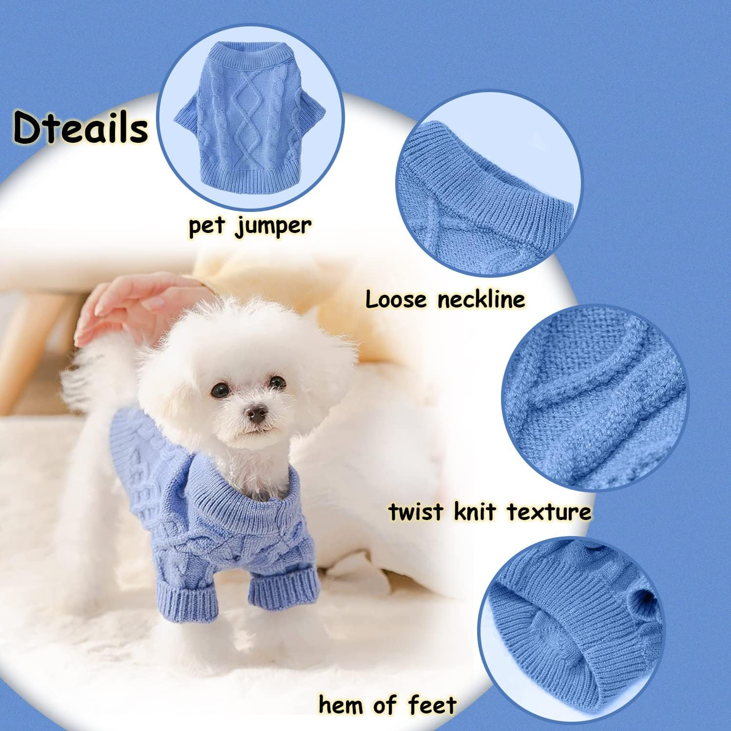 Small Dog Cat Sweaters, Puppy Jumper Sweater Warm Pullover Fleece Dog Jacket Winter Dog Clothes Cute Soft Turtleneck Knitted Classic Twist Striped Clothes for Small Medium Dogs Cat (Blue, X-Small) image number 6