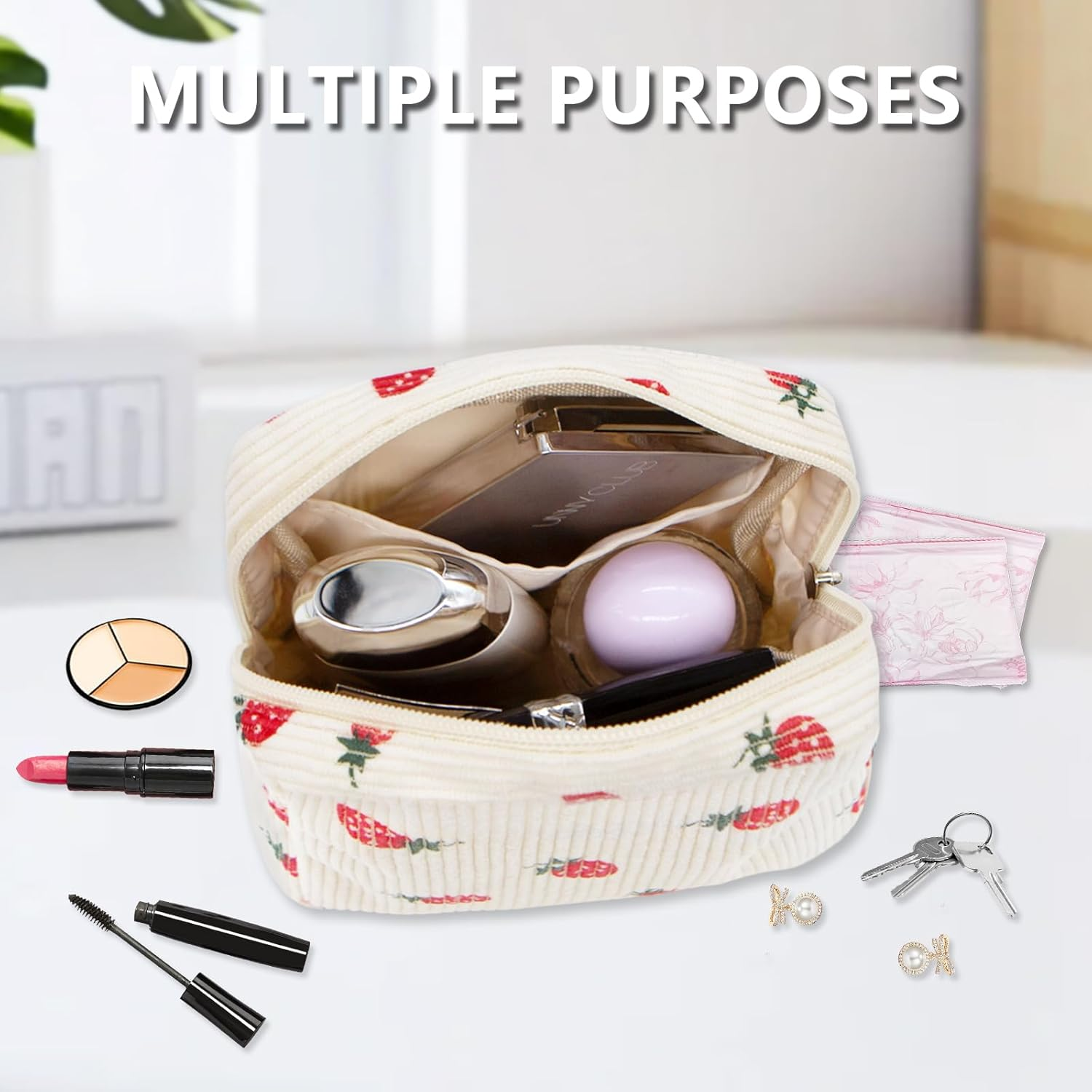 Long Keeper Cosmetic Bag, Small Mini Make-Up Bag, Women'S Corduroy Make-Up Bag, Toiletry Bag, Travel Essentials with Compartments, Travel Makeup, Strawberry, Portable Cosmetic Bag image number 4