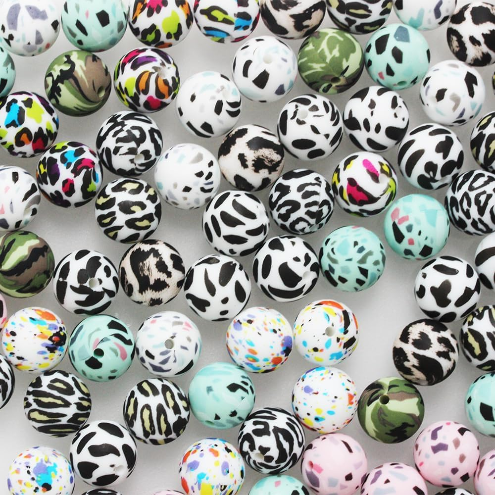 100 Pieces Silicone Beads, Betterjonny 10 Colors Loose Beads with Storage Box 15Mm Cow Leopard Print round Beads for Necklace Bracelet DIY Crafts image number 4