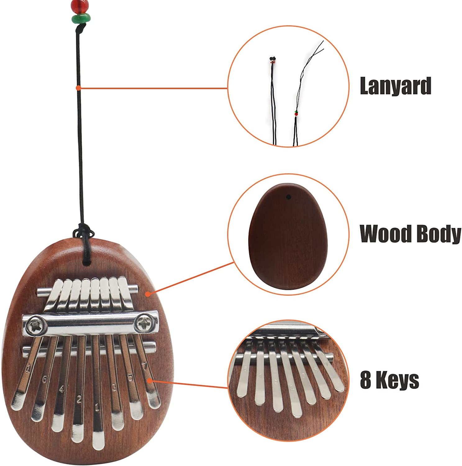 8 Key Mini Kalimba Worthplanet Mini Thumb Piano Portable Wooden Finger Piano with Black Lanyard Musical Instrument for Kids Adult Beginners W150011 (Teardrop-Shaped)