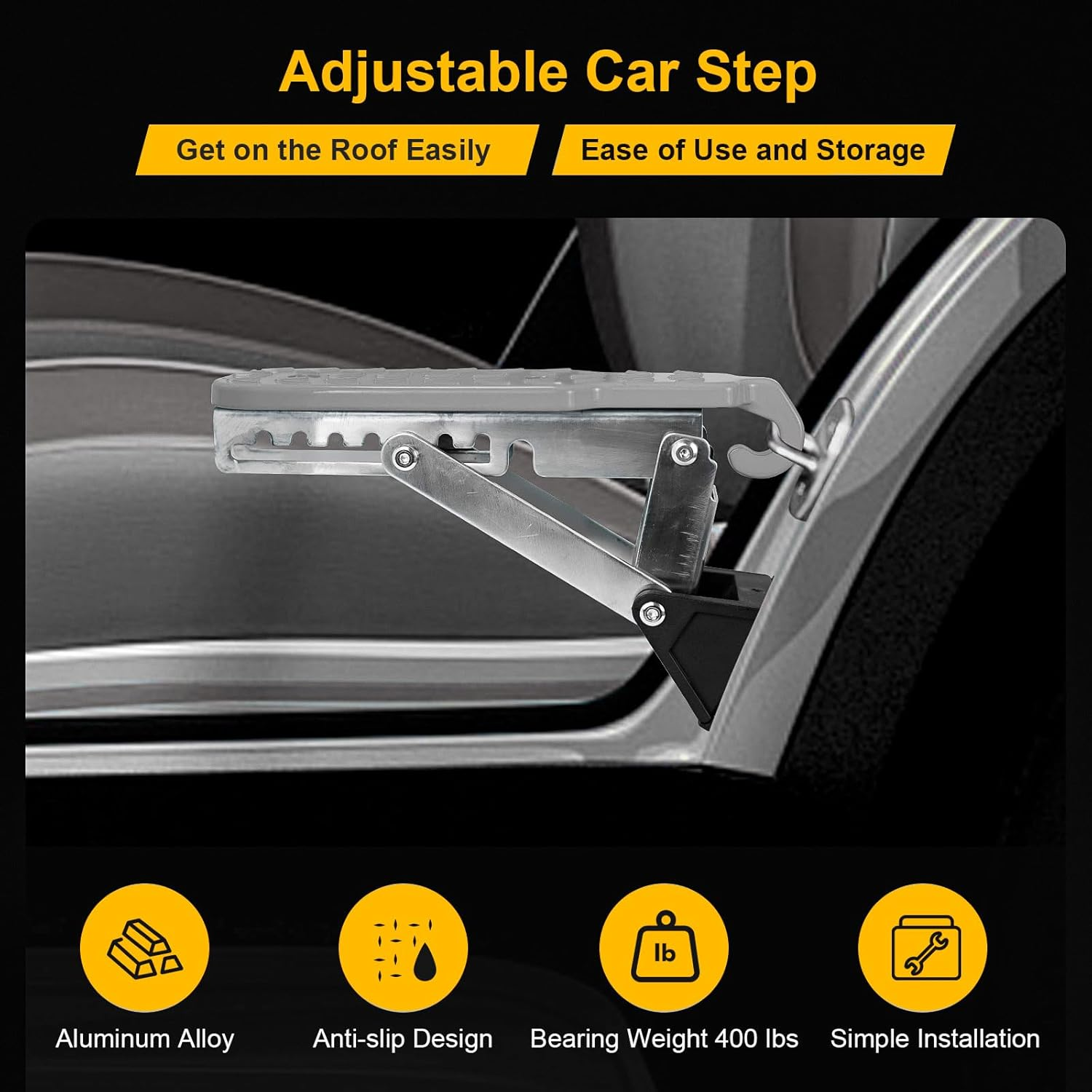 Universal Fit Car Door Step, Foldable Door Latch Step with Adjustable Angle for Car Roof Access, Both Feet Stand Car Step for SUV and Truck, Silver image number 6