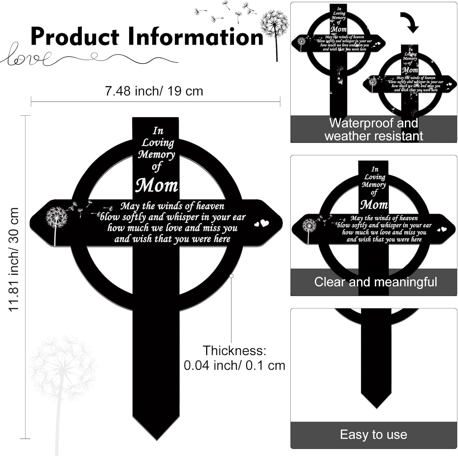 Buryeah Cross Memorial Stakes Grave Decorations for Cemetery Metal Plaque Markers Cross Plaques Sympathy Garden Stake Waterproof Garden Cemetery for Grave Yard (Mom) image number 5