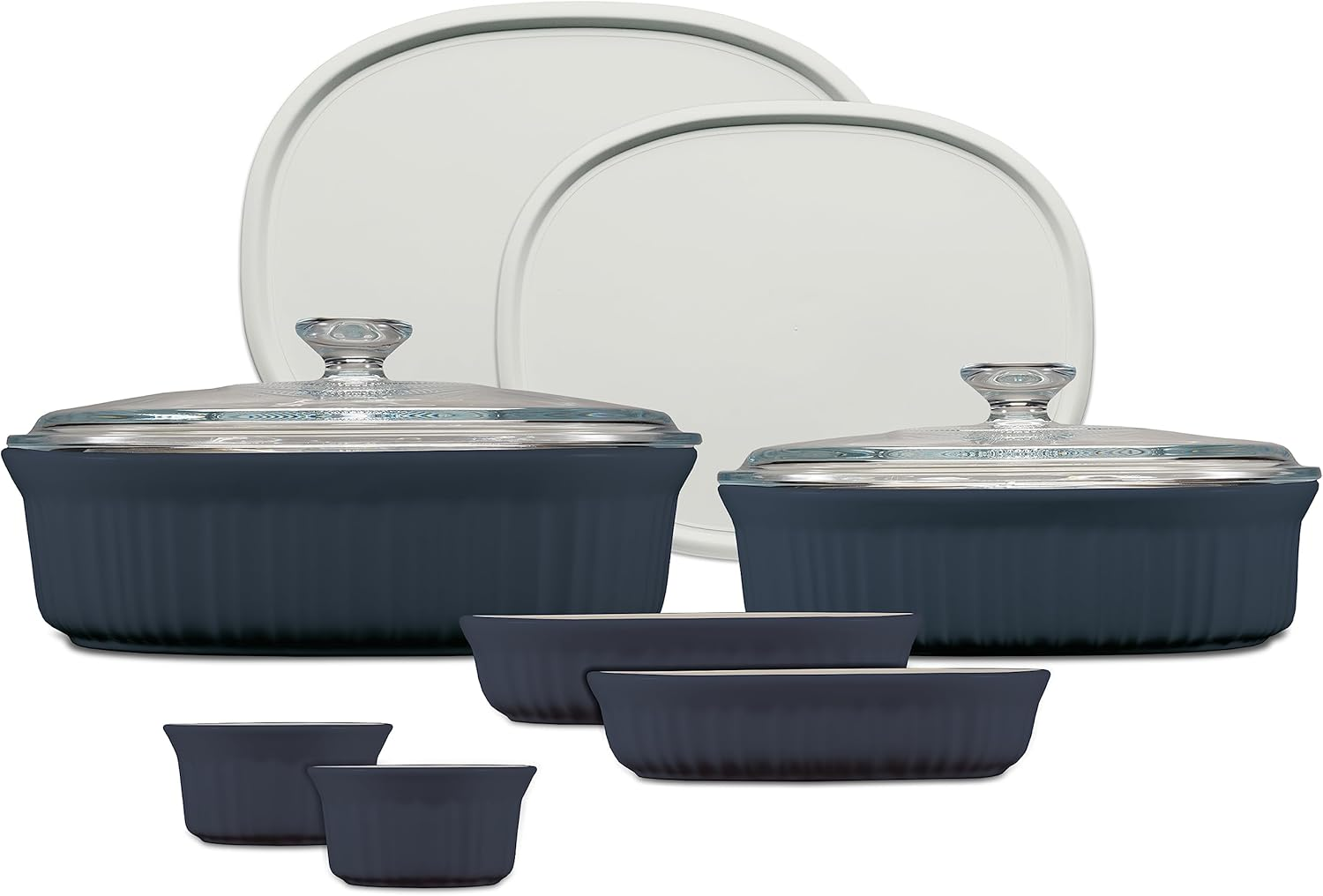 Corningware French White Bakeware 10-Piece Set &ndash; Durable Stoneware for Even Baking and Versatile Oven-To-Table Dishes &ndash; Includes Glass and Bpa-Free Plastic Lids &ndash; French Navy