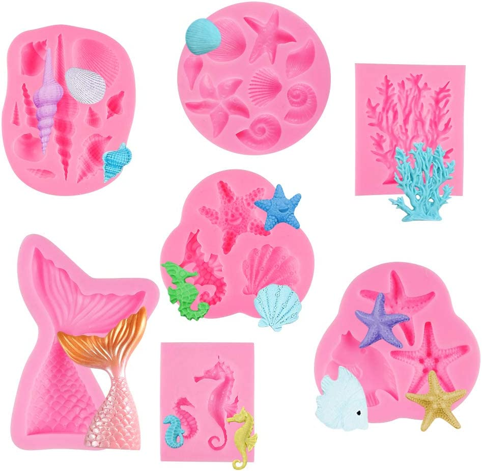 HANGNUO 7 Pack Sea Creatures Fondant Moulds Mermaid Tail Star Fish Seahorse Seashell Silicone Mould for Cake Decoration Chocolate image number 1