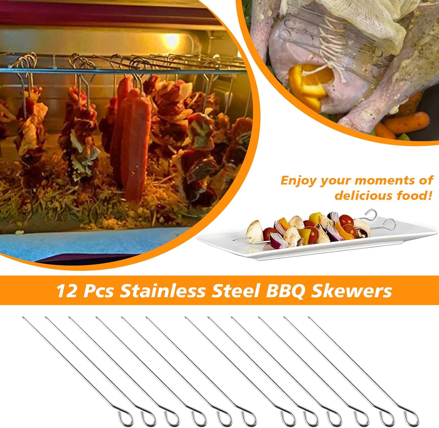 12 Pcs Stainless Steel BBQ Skewers, Heavy Duty Metal Skewers for Grilling, Shish Kebab, Shrimp, Rust-Proof Barbecue Needle, Reusable, Rust-Proof, Dishwasher Safe Barbecue Accessories (30CM) image number 3