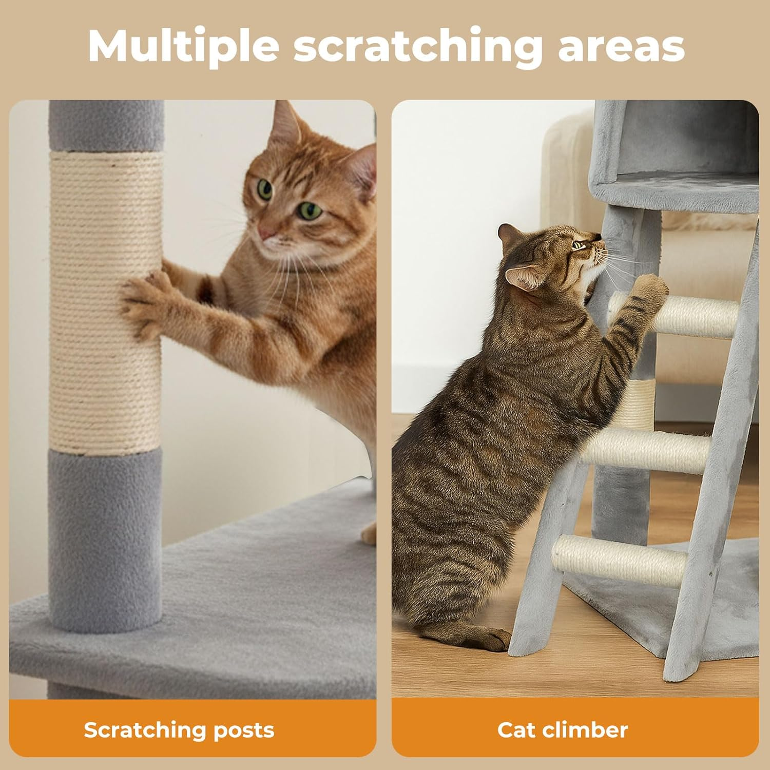 Pawz Cat Tree, 143Cm Cat Scratching Post and Pads, Multi-Level Play Tower, Cat Condo with Padded Plush, Cat Tower with Hammock for Large Cats, Cat Activity Center, Home Pet Furniture Grey image number 6
