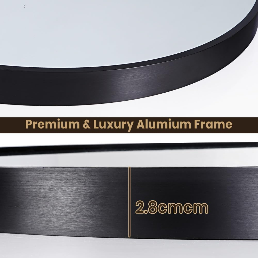 Furb round Wall Mirror, 60Cm Circular Bathroom Mirror, Black Metal Frame, Decorative Hallway Entryway Mirror image number 3