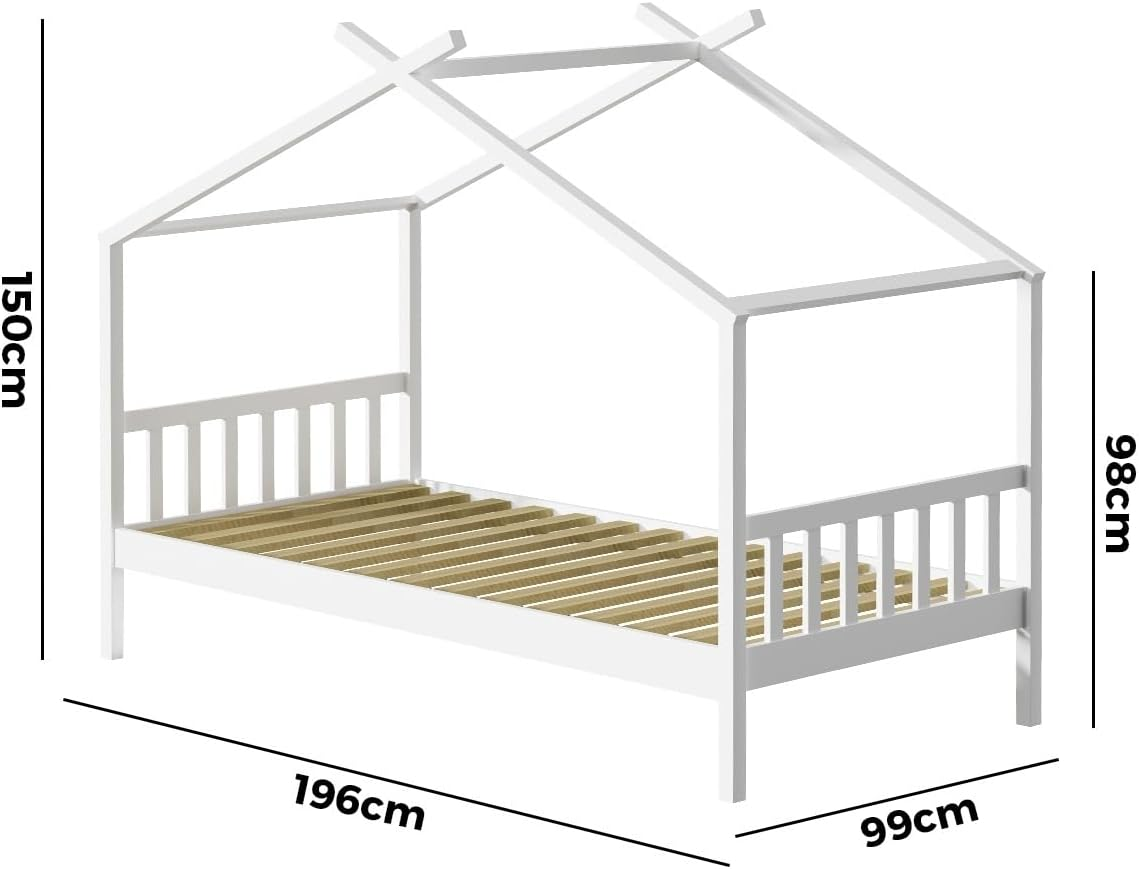 Oikiture Kids Single Bed Frame with Wooden Timber Base Kids House Wood Mattress Base Platform, White image number 2