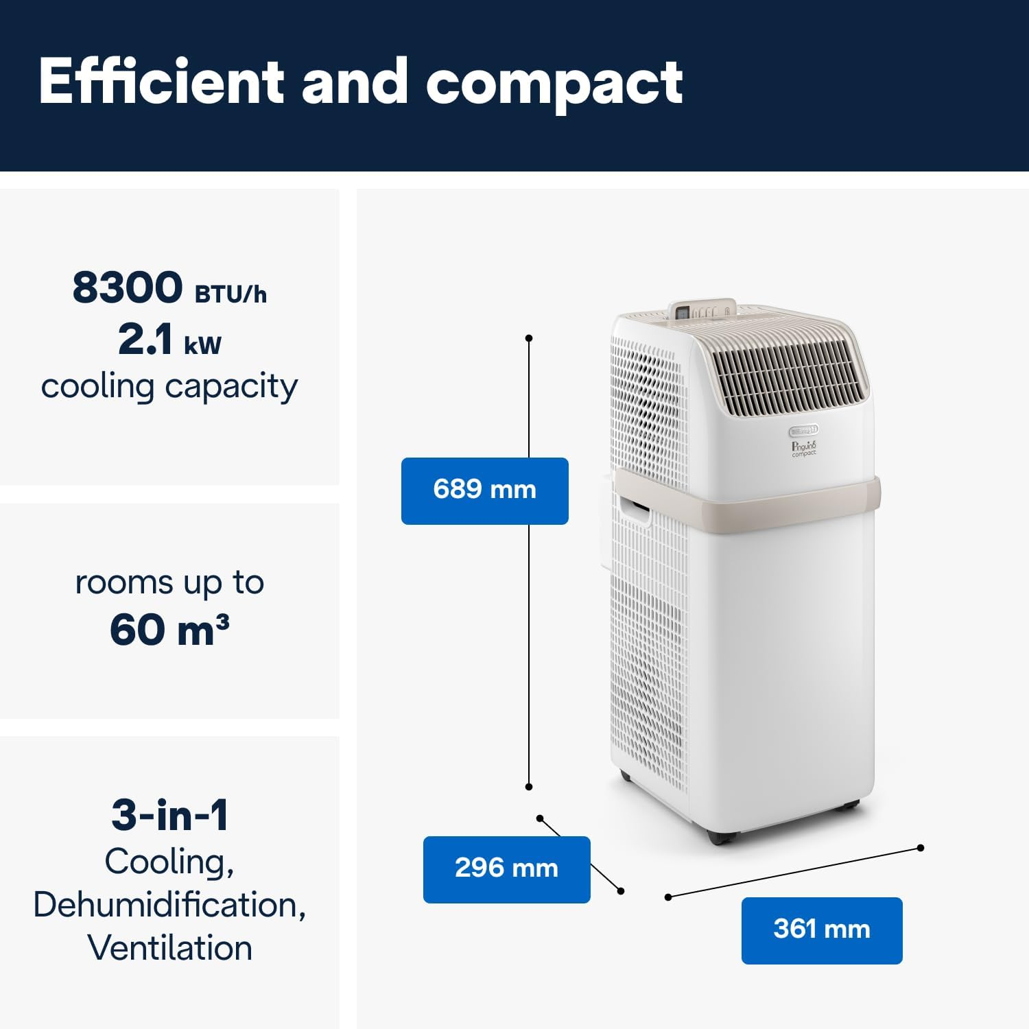 De'Longhi Pinguino Compact ES72 CLASSIC, Silent Portable Air Conditioner 8.300 Btu/H, for Rooms up to 60M3, Dehumidifier, 24 Hour Timer, Energy Class A, Gas R290, 2.1 Kw, Beige image number 3
