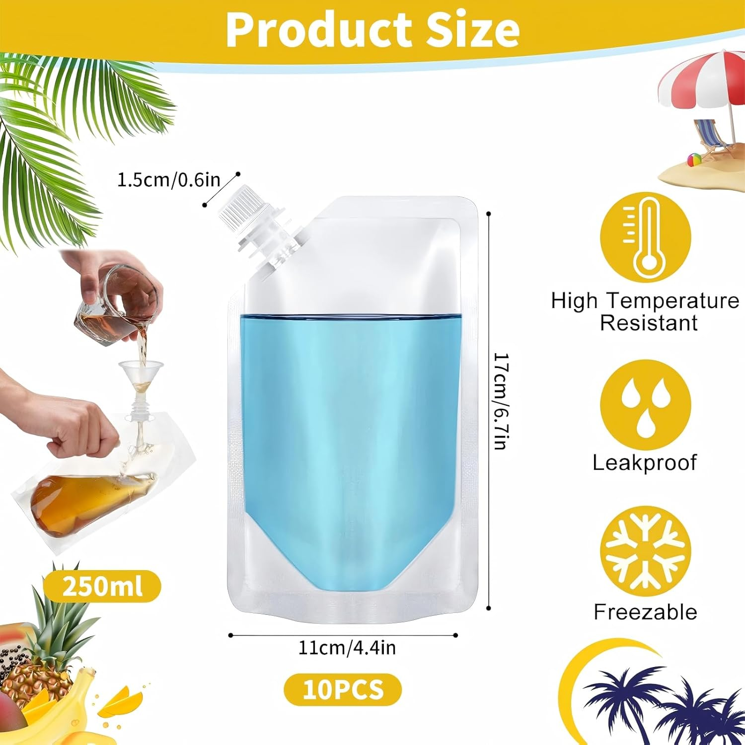 10PCS 250Ml Reusable Travel Drink Pouches - Leakproof Plastic Hip Flask with Screw Cap, Alcohol Juice Travel Plastic Flasks Bags, Foldable for Festivals, Events, Camping, Hiking (Angled Spout) image number 3