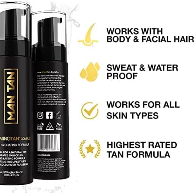 MAN TAN - Sunless Tanner Starter Pack for Men | AMINOTAN Best Clear Self Tan Mousse for Men Works with Hair + Sweat Proof (Mitt & Bottle) - 200Ml image number 1