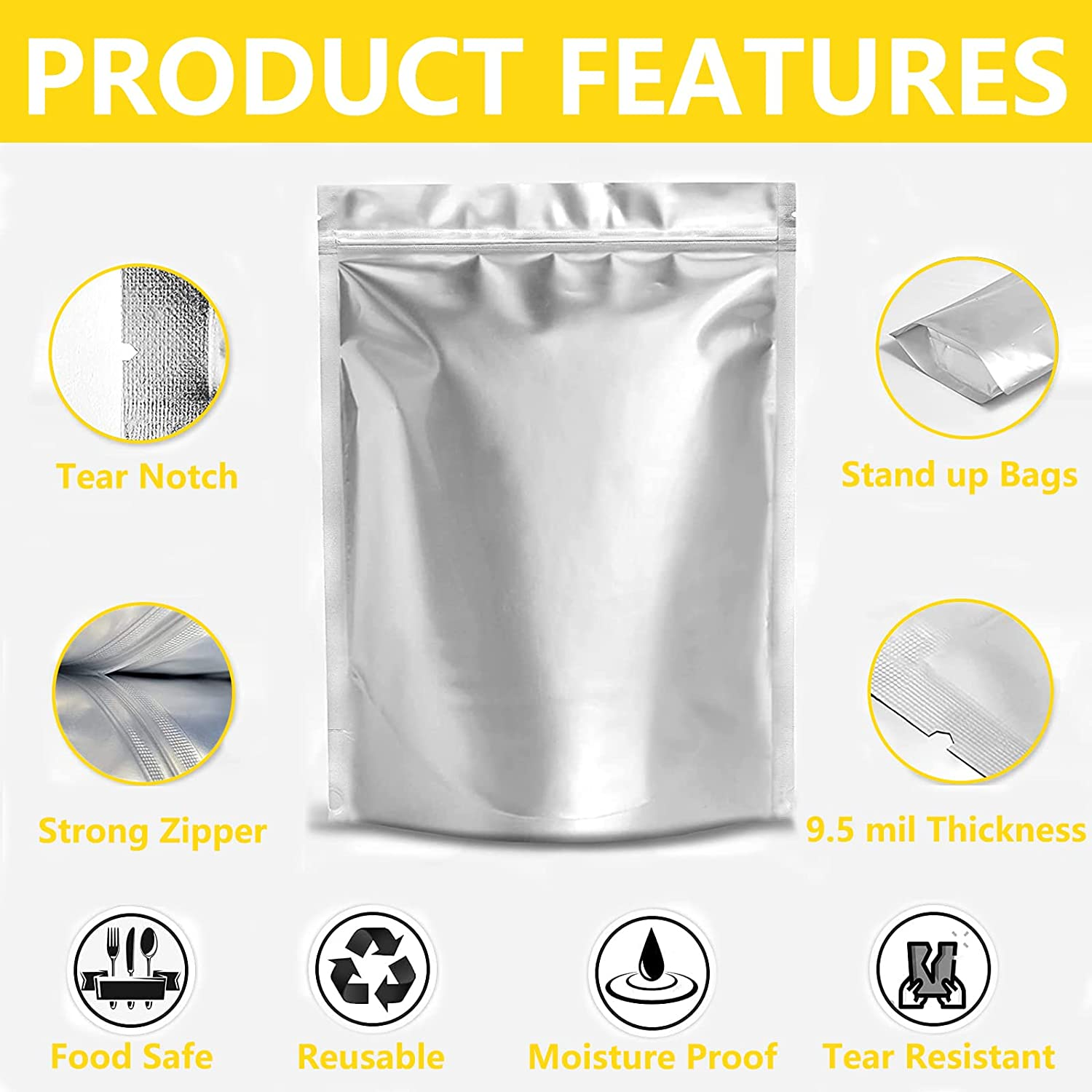 Durimoiy 50Pcs 1 Gallon Mylar Bags for Food Storage - (9.5 Mil, 10"X14") Stand-Up Zipper Pouches Resealable Bags & Heat Sealable Food Grade Storage Bags for Packging Products image number 2