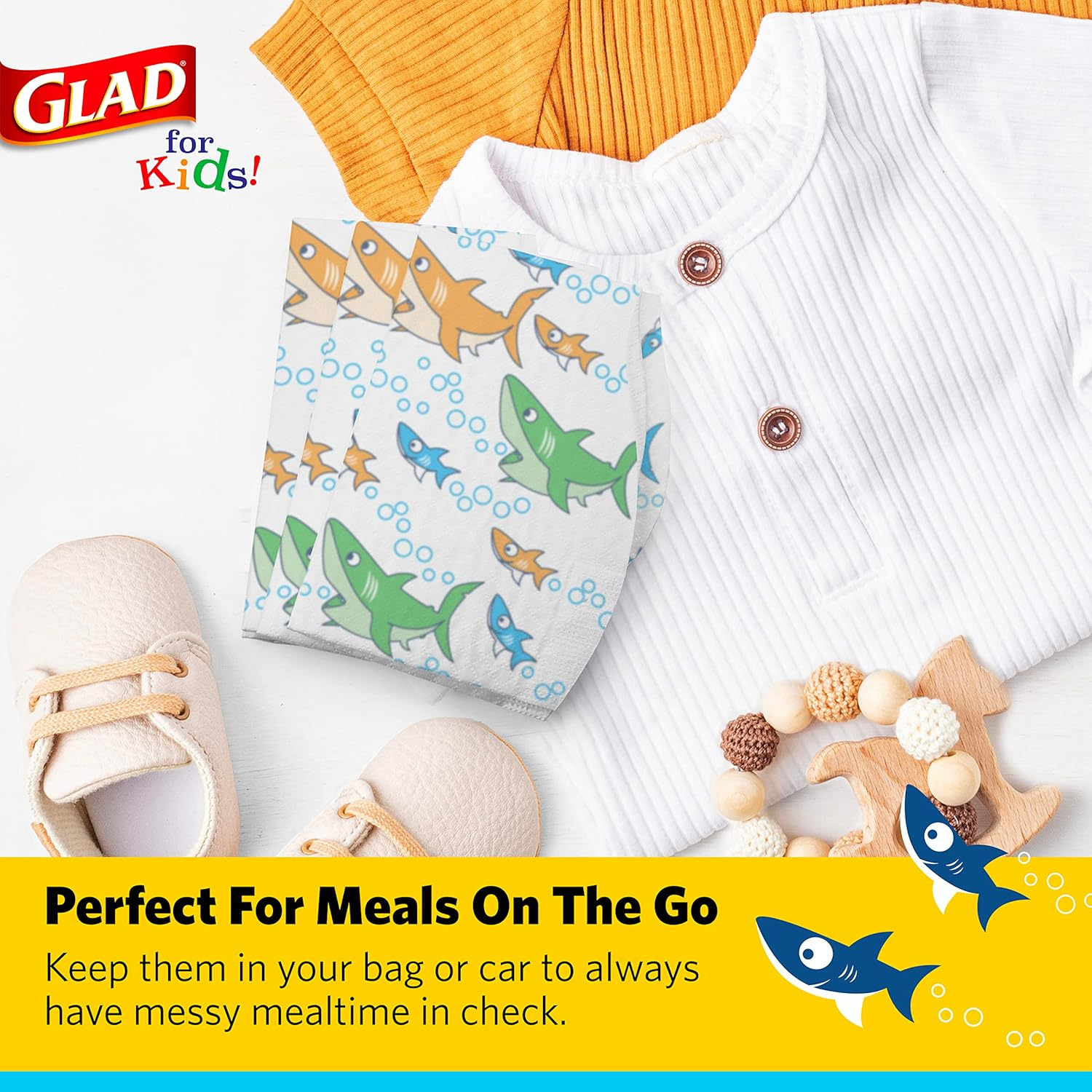 Glad for Kids Shark Disposable Paper Bibs with Crumb Catcher for Feeding - Absorbent and Leakproof Eating and Travel Essentials for Mess-Free Meals, 30 Count image number 5