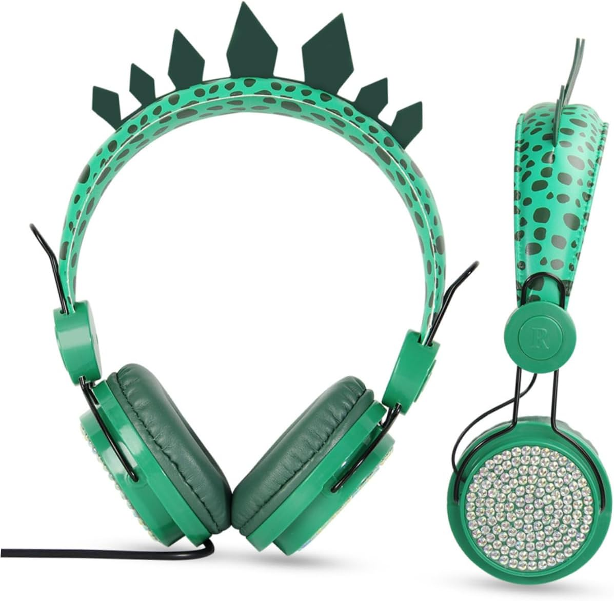 SHINEOFI Children On-Ear Headphones with Microphone for Boys and Girls, Dinosaur Cartoon Design, Wired Over-Ear Headset Suitable for School and Computer Use, Green Color