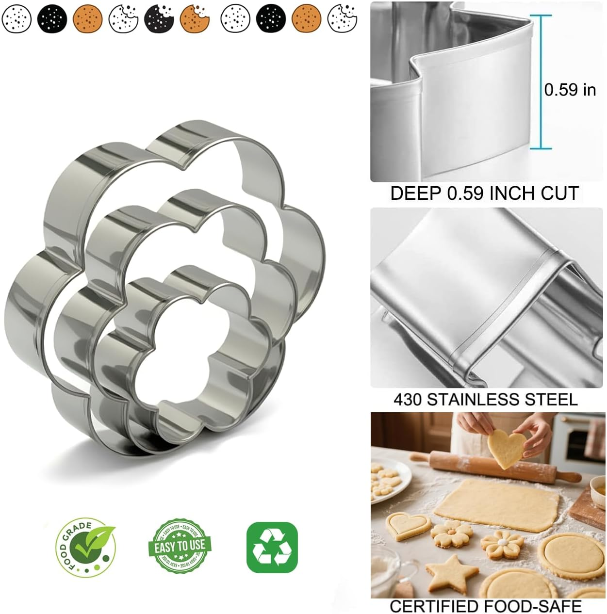 Stainless Steel Cookie Cutters Set 12Pcs - Heart, Flower, Round, Five Star Shapes - Small to Mini Size, Metal Biscuit Cutter Molds for Baking or Holiday Party Decorations image number 4