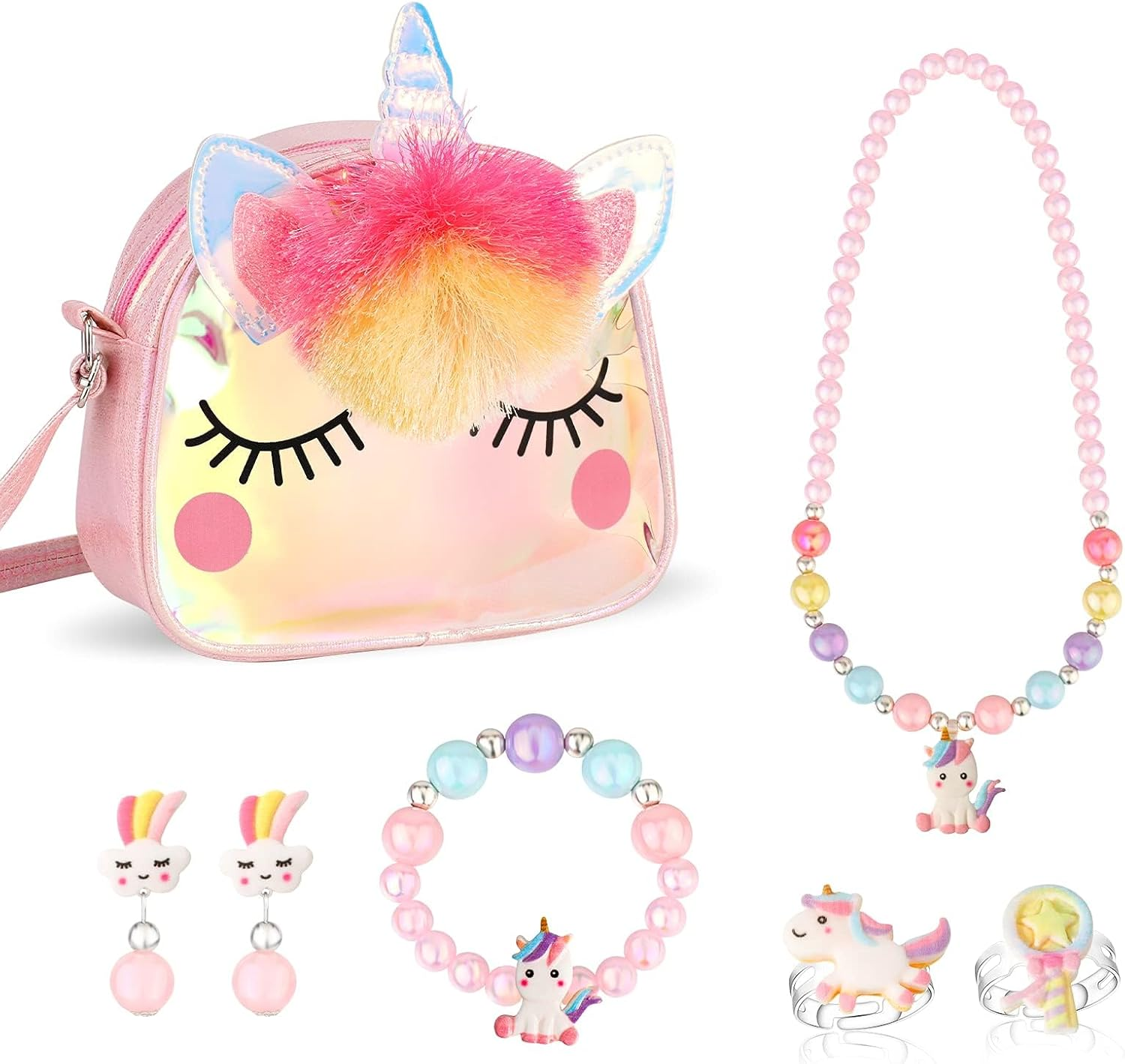 Unicorn Crossbody Bag Purse with Jewelry Set Little Girls, Unicorn Princess Necklace Bracelet Rings Earrings Handbag Accessories, Jewelry Party Favors Gift Dress Up image number 1