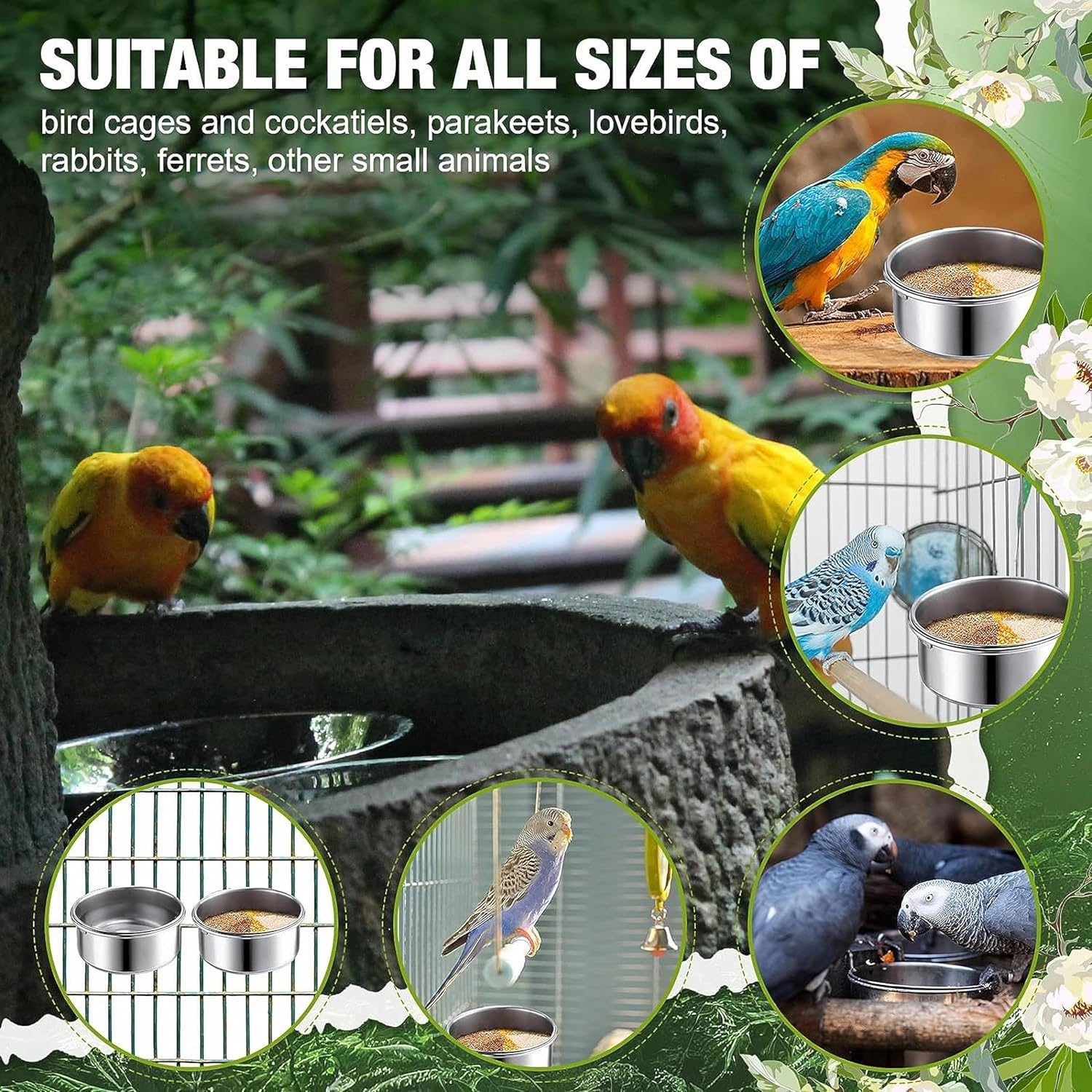 Stainless Steel Bird Feeding Dish Cups, 3Pcs Feeding Cups, Parrot Food Water Bowls with Clamp Holder, Bird Dishes for Parrot Cockatiel, Budgies, Small Animal, Chinchilla image number 3